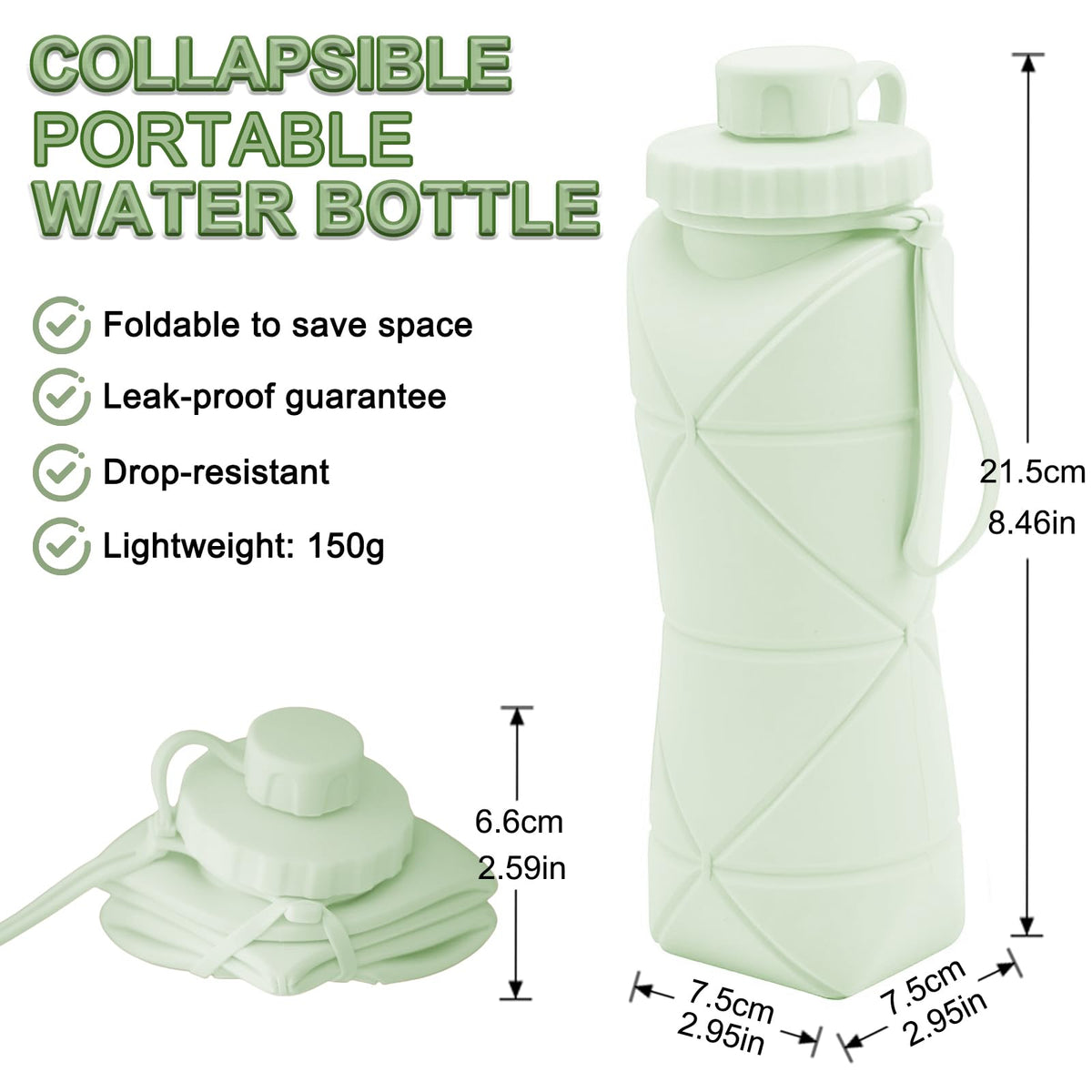 Collapsible Silicone Water Bottle 600ML – Foldable, Leak-Proof, BPA-Free, Portable Outdoor Sports Bottle with Carrying Strap – Compact Design for Hiking, Gym, Travel (Green)