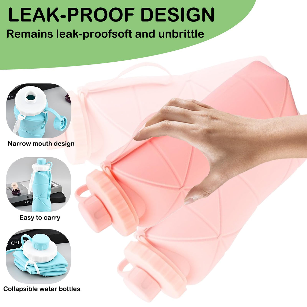 Collapsible Silicone Water Bottle 600ML – Foldable, Leak-Proof, BPA-Free, Portable Outdoor Sports Bottle with Carrying Strap – Compact Design for Hiking, Gym, Travel (Green)