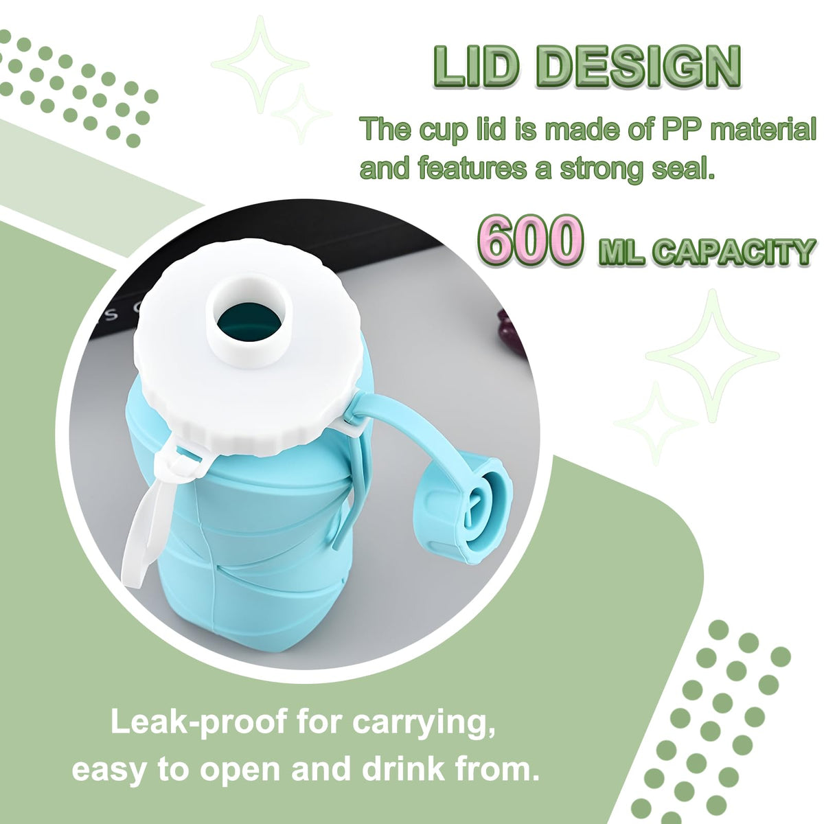 Collapsible Silicone Water Bottle 600ML – Foldable, Leak-Proof, BPA-Free, Portable Outdoor Sports Bottle with Carrying Strap – Compact Design for Hiking, Gym, Travel (Green)