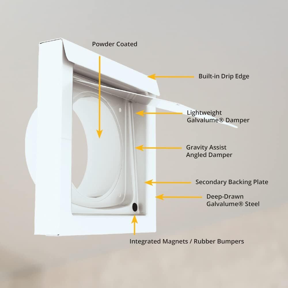 White 4-Inch Dryer Vent Cover – Outdoor Wall Exhaust for Clothes Dryer & Bathroom Fan | Durable Galvalume Steel with Quiet Damper | Other Colours Available In-Store