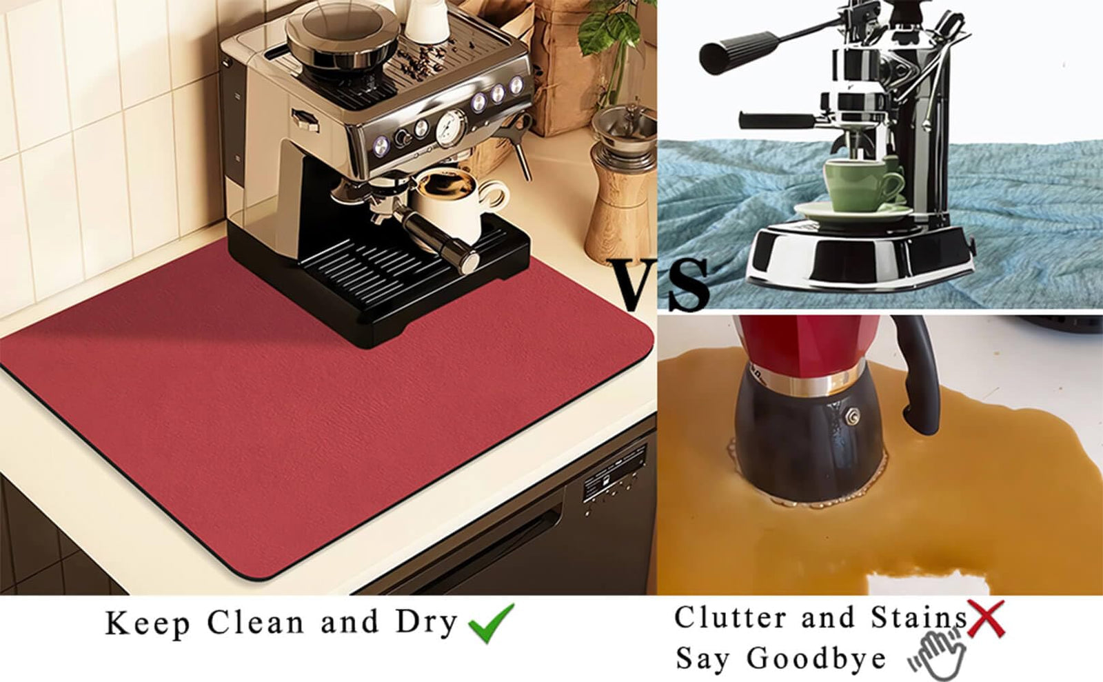 Kitchen Counter Mat for Coffee Maker – Absorbent & Quick-Dry Bar Pad with Non-Slip Backing, Protective Surface for Espresso Machine, Dish Drying Mat (Red,30*40cm)