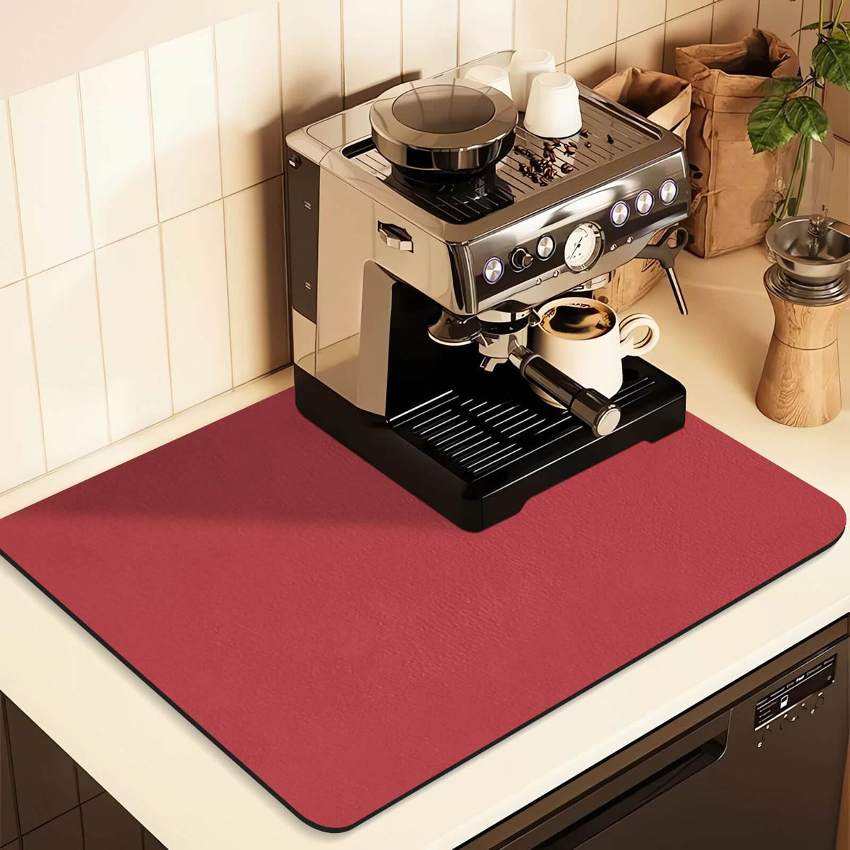 Kitchen Counter Mat for Coffee Maker – Absorbent &amp; Quick-Dry Bar Pad with Non-Slip Backing, Protective Surface for Espresso Machine, Dish Drying Mat (Red,40*60cm)