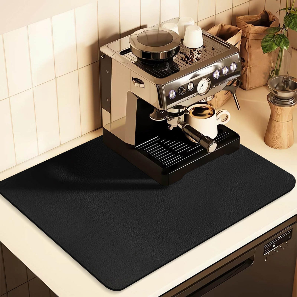 Kitchen Counter Mat for Coffee Maker – Absorbent &amp; Quick-Dry Bar Pad with Non-Slip Backing, Protective Surface for Espresso Machine, Dish Drying Mat (Black,50*60cm)