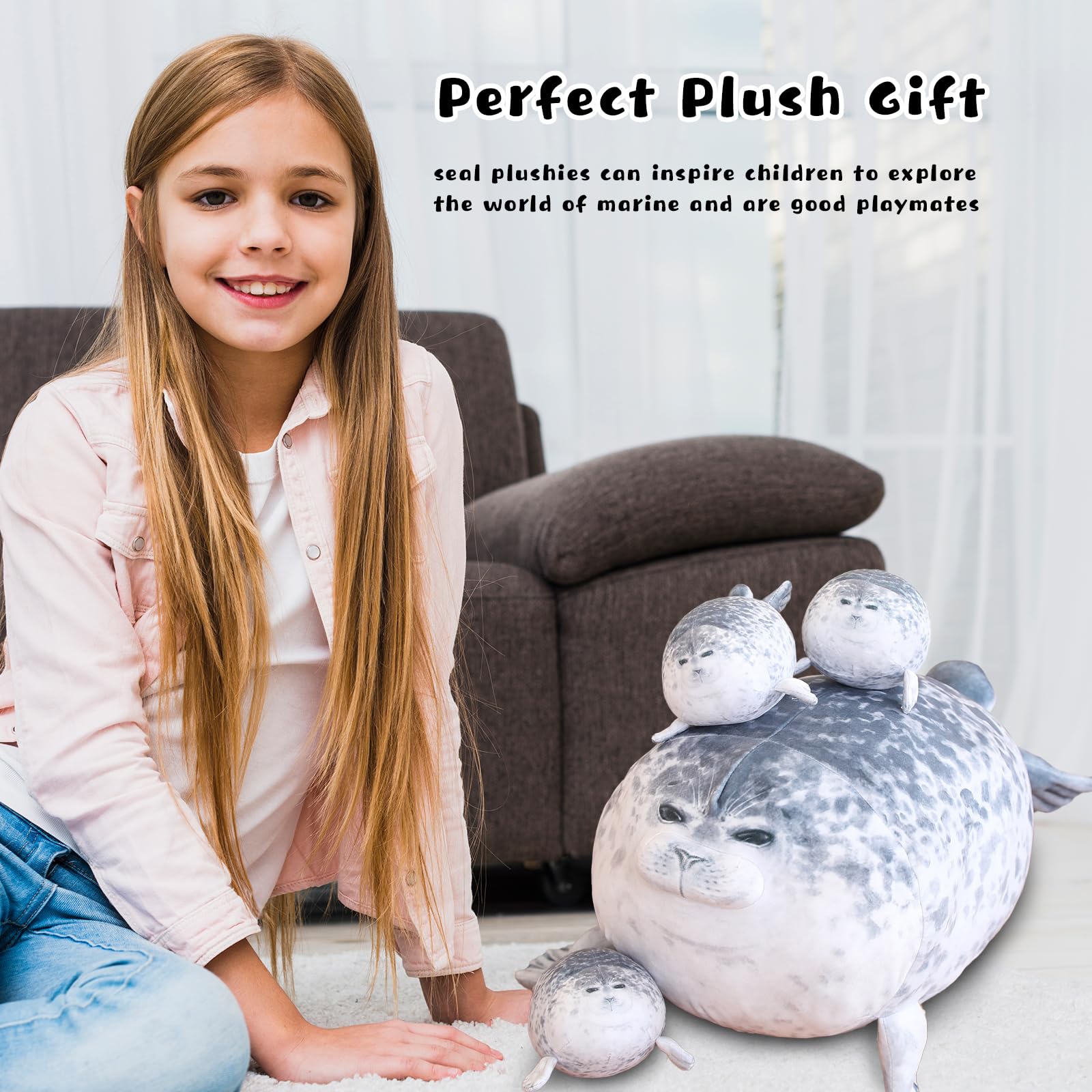 Gray Chubby Seal Plush Pillow with 4 Baby Seals Inside: Soft Stuffed Animal for Kids, Hug Pillow & Room Decor – Perfect Gift for Children