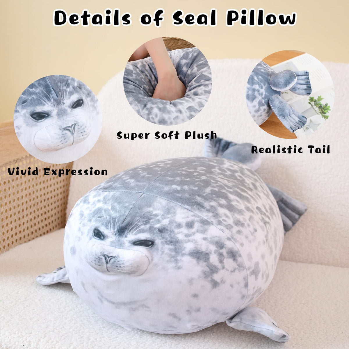Gray Chubby Seal Plush Pillow with 4 Baby Seals Inside: Soft Stuffed Animal for Kids, Hug Pillow & Room Decor – Perfect Gift for Children