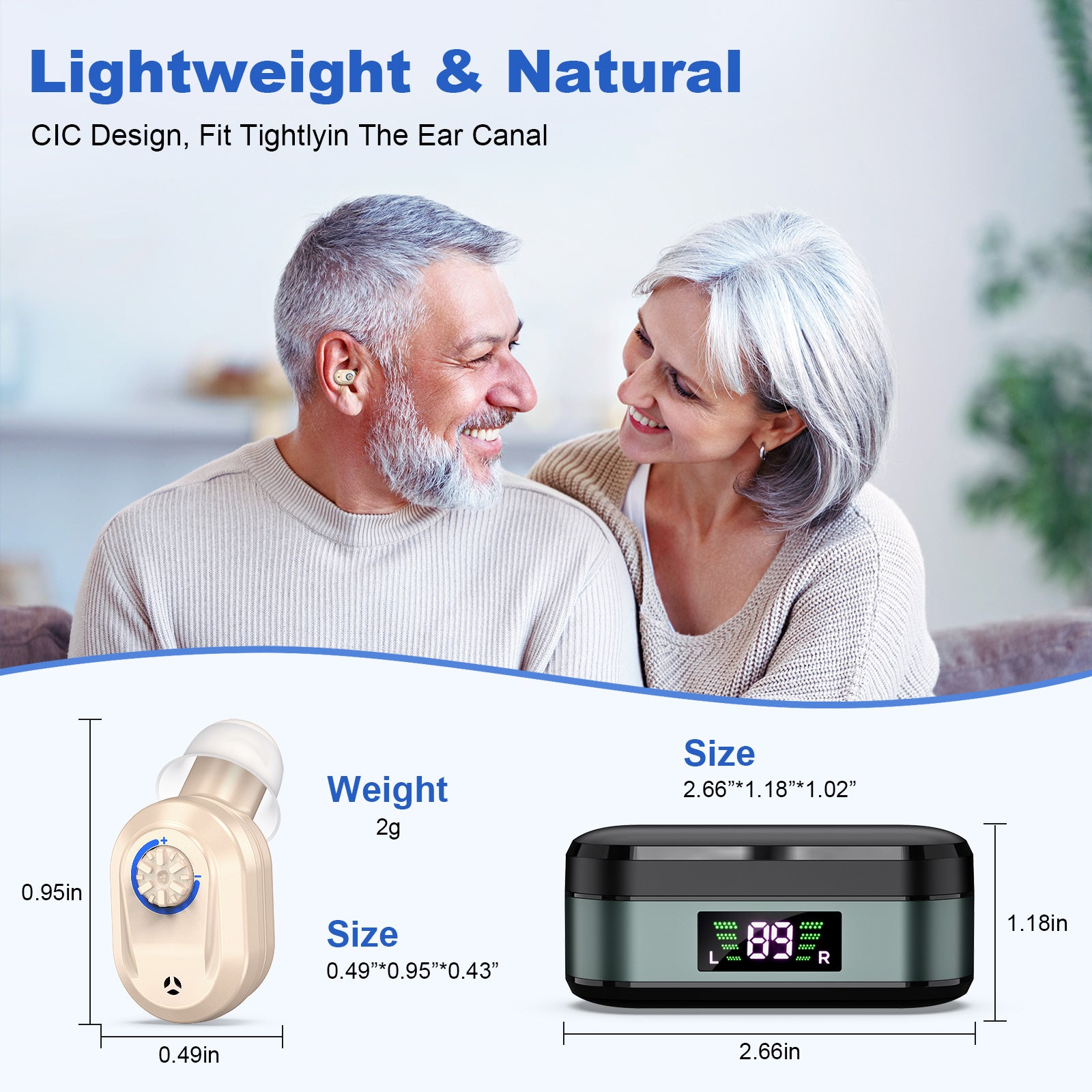 Rechargeable In-the-Ear Hearing Aids with Charging Case and LCD Display – Ultra-Compact Sound Amplifier for Seniors (Black & Green Case, Skin Tone Device)