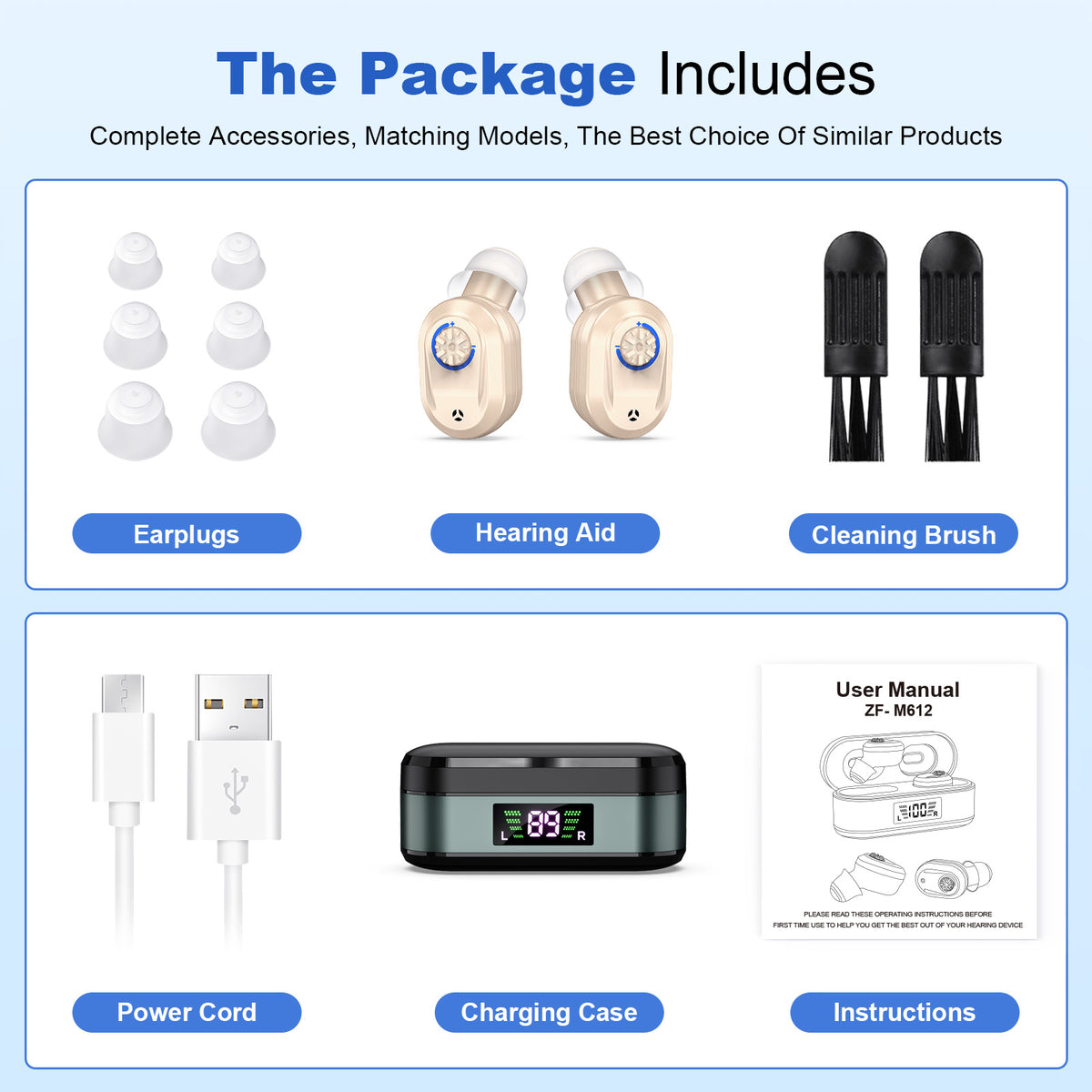 Rechargeable In-the-Ear Hearing Aids with Charging Case and LCD Display – Ultra-Compact Sound Amplifier for Seniors (Black & Green Case, Skin Tone Device)
