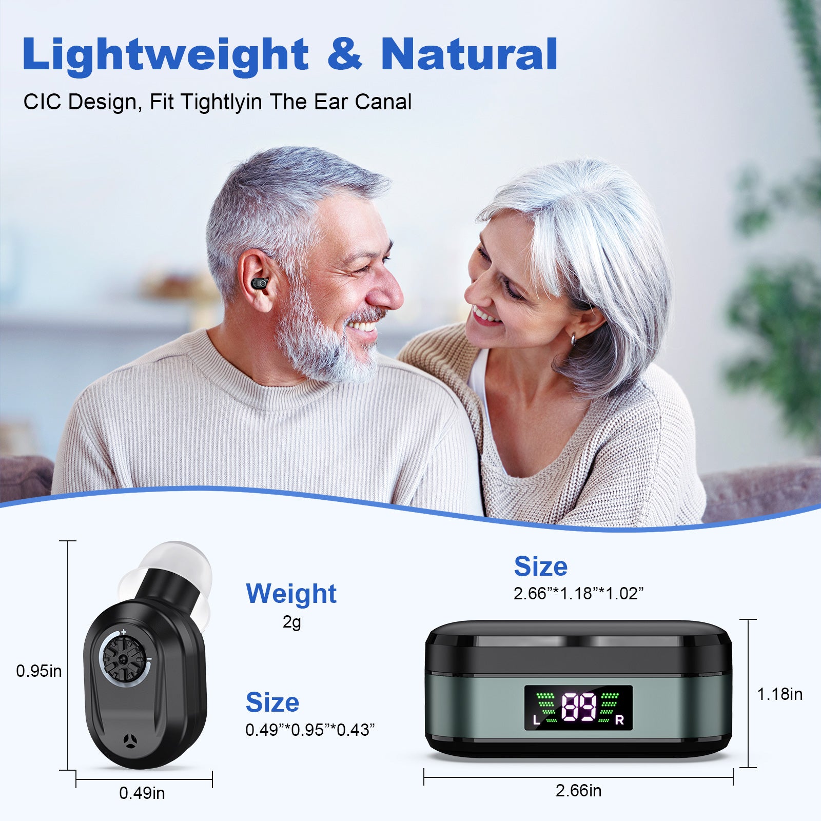 Rechargeable In-the-Ear Hearing Aids with Charging Case and LCD Display – Ultra-Compact Sound Amplifier for Seniors (Black & Green Case, Black Device)
