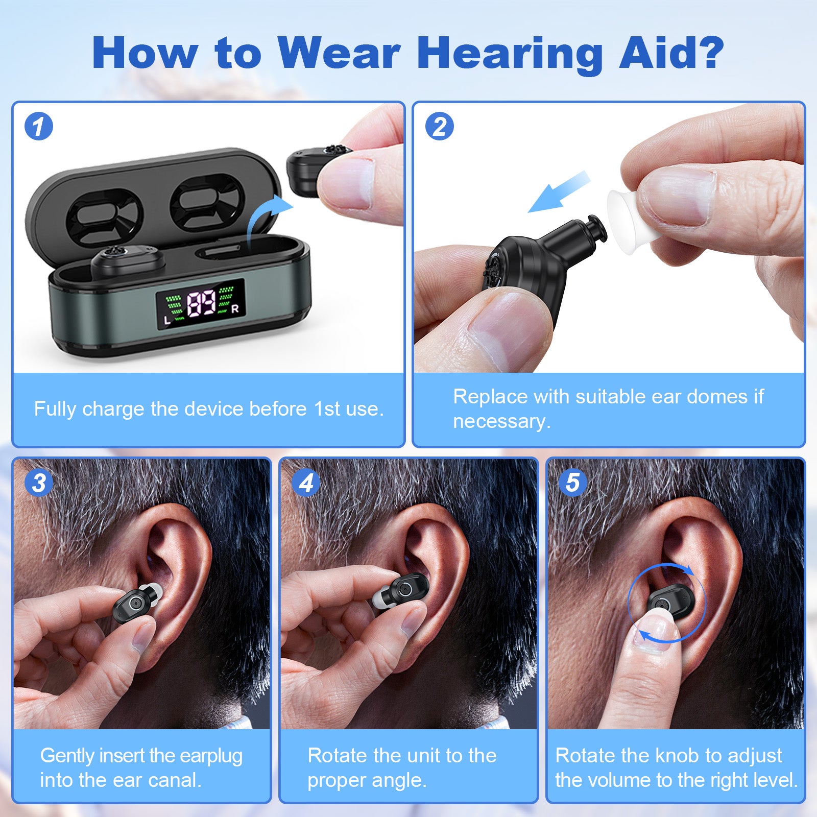 Rechargeable In-the-Ear Hearing Aids with Charging Case and LCD Display – Ultra-Compact Sound Amplifier for Seniors (Black & Green Case, Black Device)