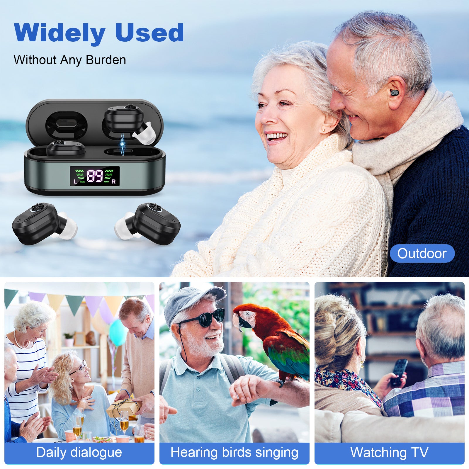 Rechargeable In-the-Ear Hearing Aids with Charging Case and LCD Display – Ultra-Compact Sound Amplifier for Seniors (Black & Green Case, Black Device)