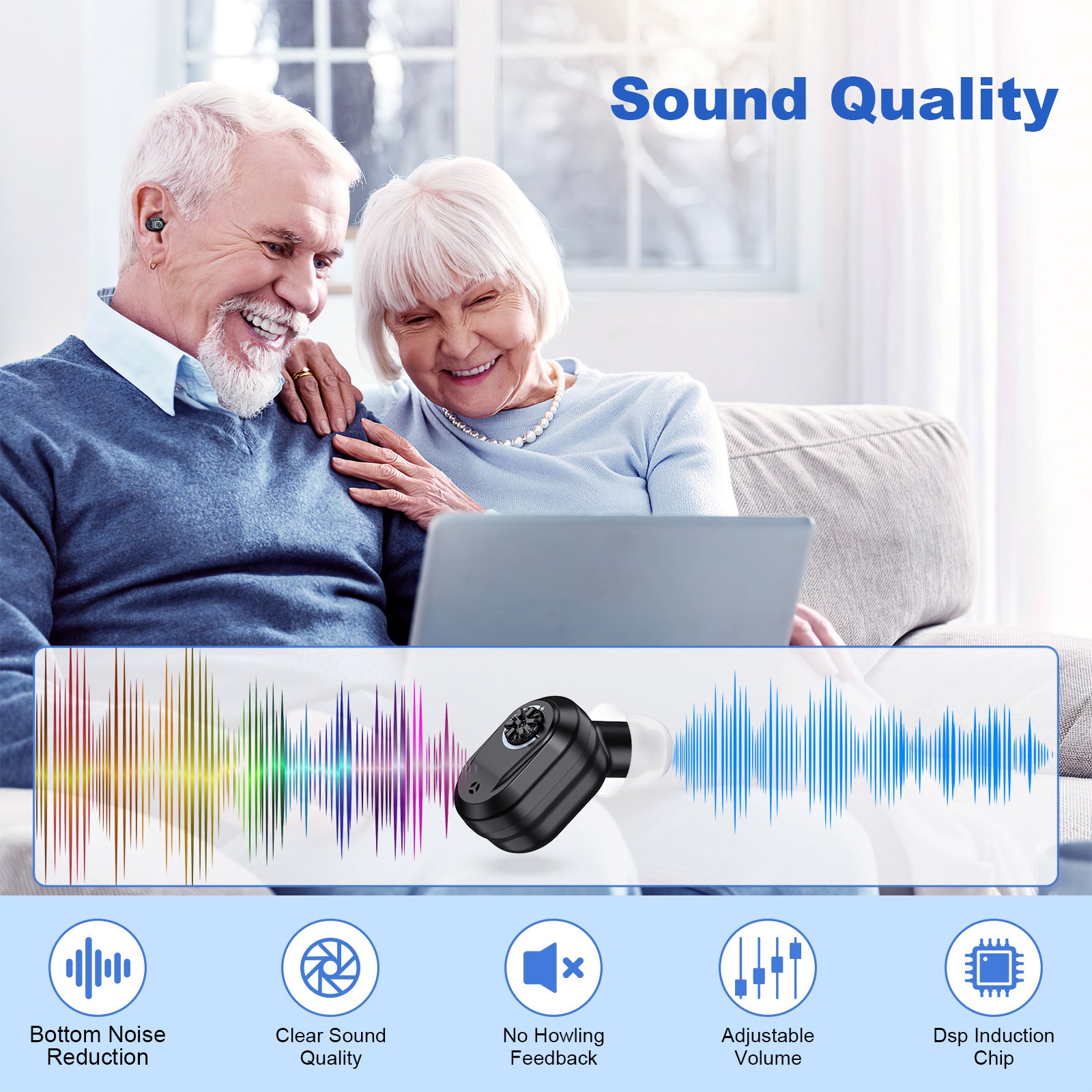 Rechargeable In-the-Ear Hearing Aids with Charging Case and LCD Display – Ultra-Compact Sound Amplifier for Seniors (Black & Green Case, Black Device)