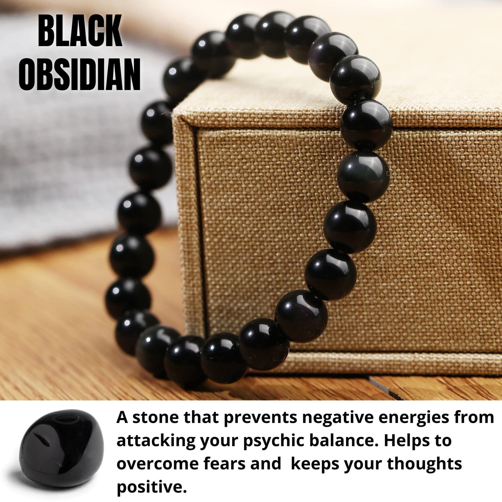 10mm Natural Black Obsidian Beaded Bracelet for Men and Women – Stretchable Healing Crystal Jewelry with Elastic Band, Protective Energy Stone Gift for Birthday, Valentine’s Day, Meditation (Black)
