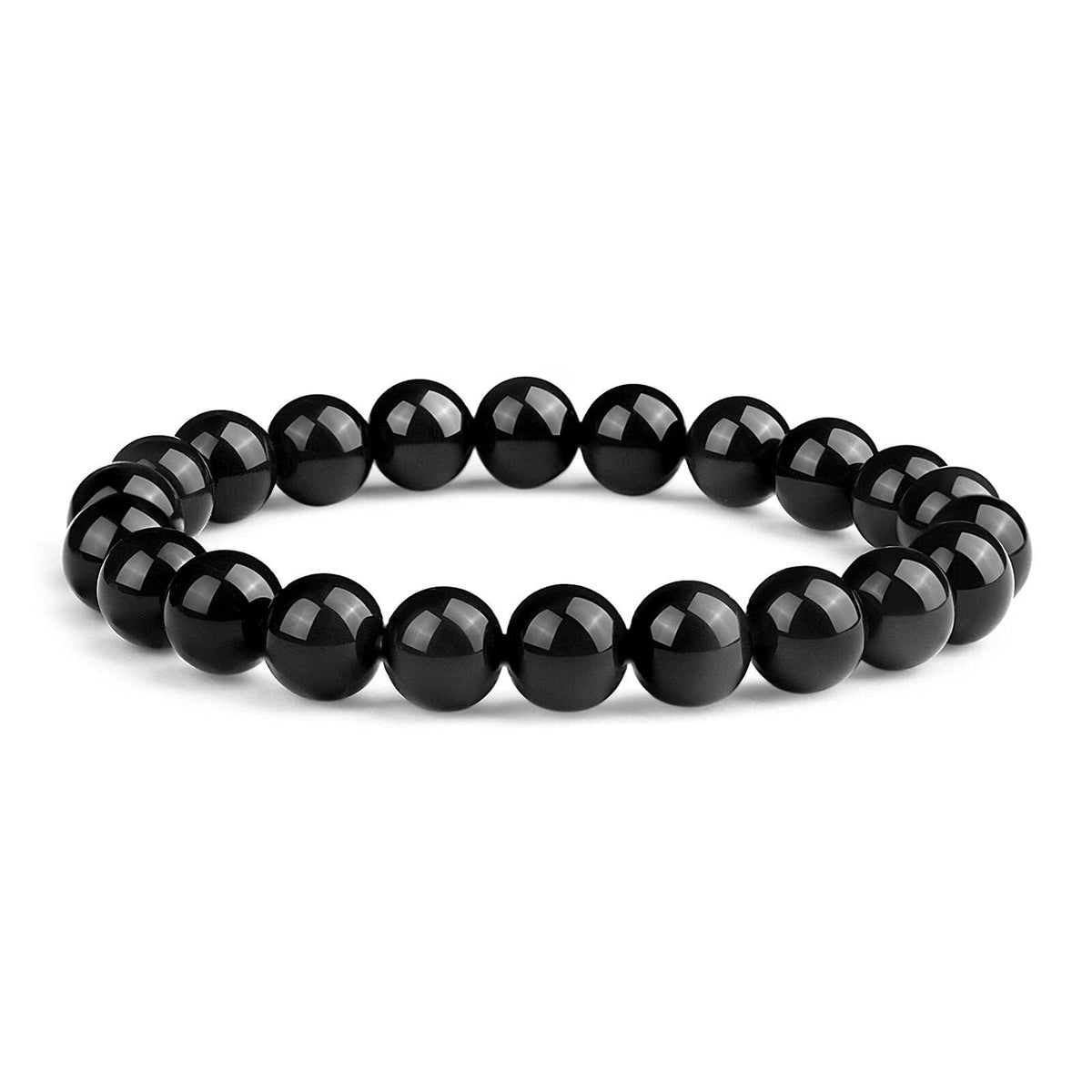 14mm Natural Black Obsidian Beaded Bracelet for Men and Women – Stretchable Healing Crystal Jewelry with Elastic Band, Protective Energy Stone Gift for Birthday, Valentine’s Day, Meditation (Black)