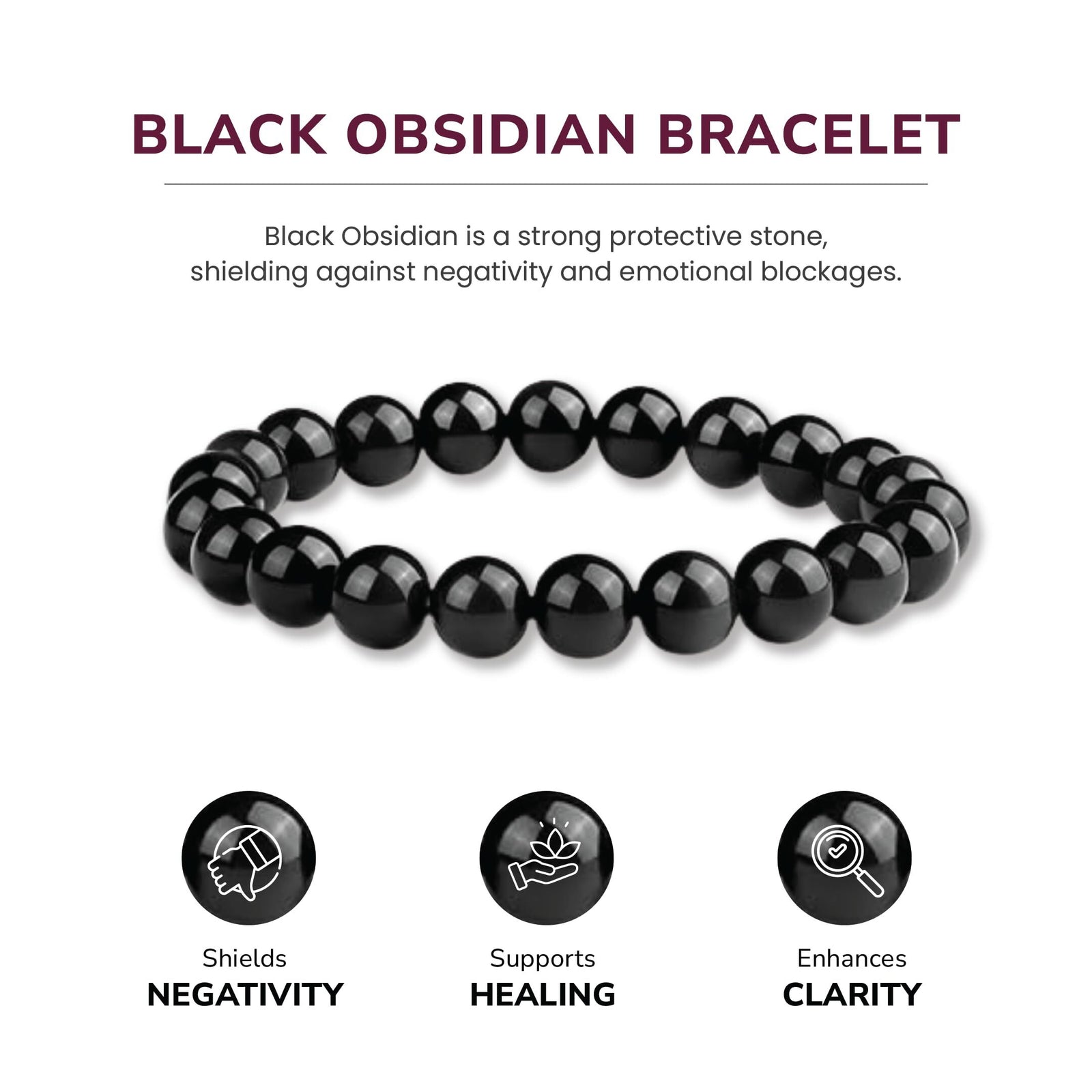16mm Natural Black Obsidian Beaded Bracelet for Men and Women – Stretchable Healing Crystal Jewelry with Elastic Band, Protective Energy Stone Gift for Birthday, Valentine’s Day, Meditation (Black)