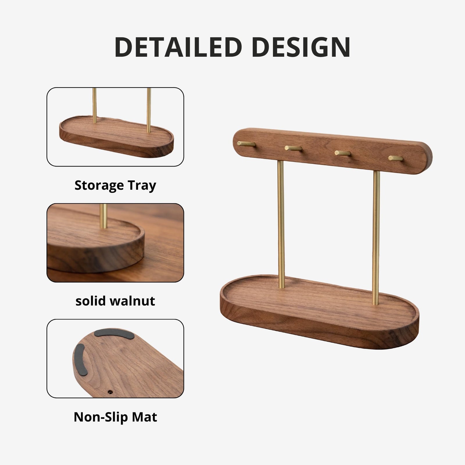 Modern Walnut Wood Key Holder with Brass Hooks – Desktop Organizer for Keys, Jewelry, Watches, and Small Accessories, Compact Design (Walnut)