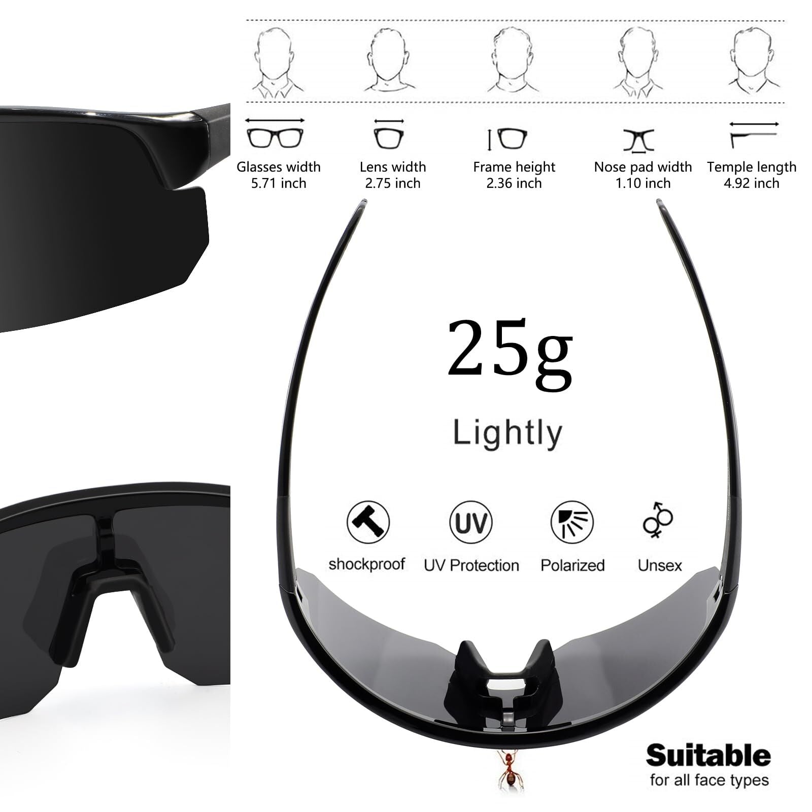 High-End Polarized Sports Sunglasses for Men Women – UV400 Protection, Anti-Fog, Lightweight TR90 Frame, Removable Lens, Ideal for Cycling, Running, Fishing, Golf (Black)