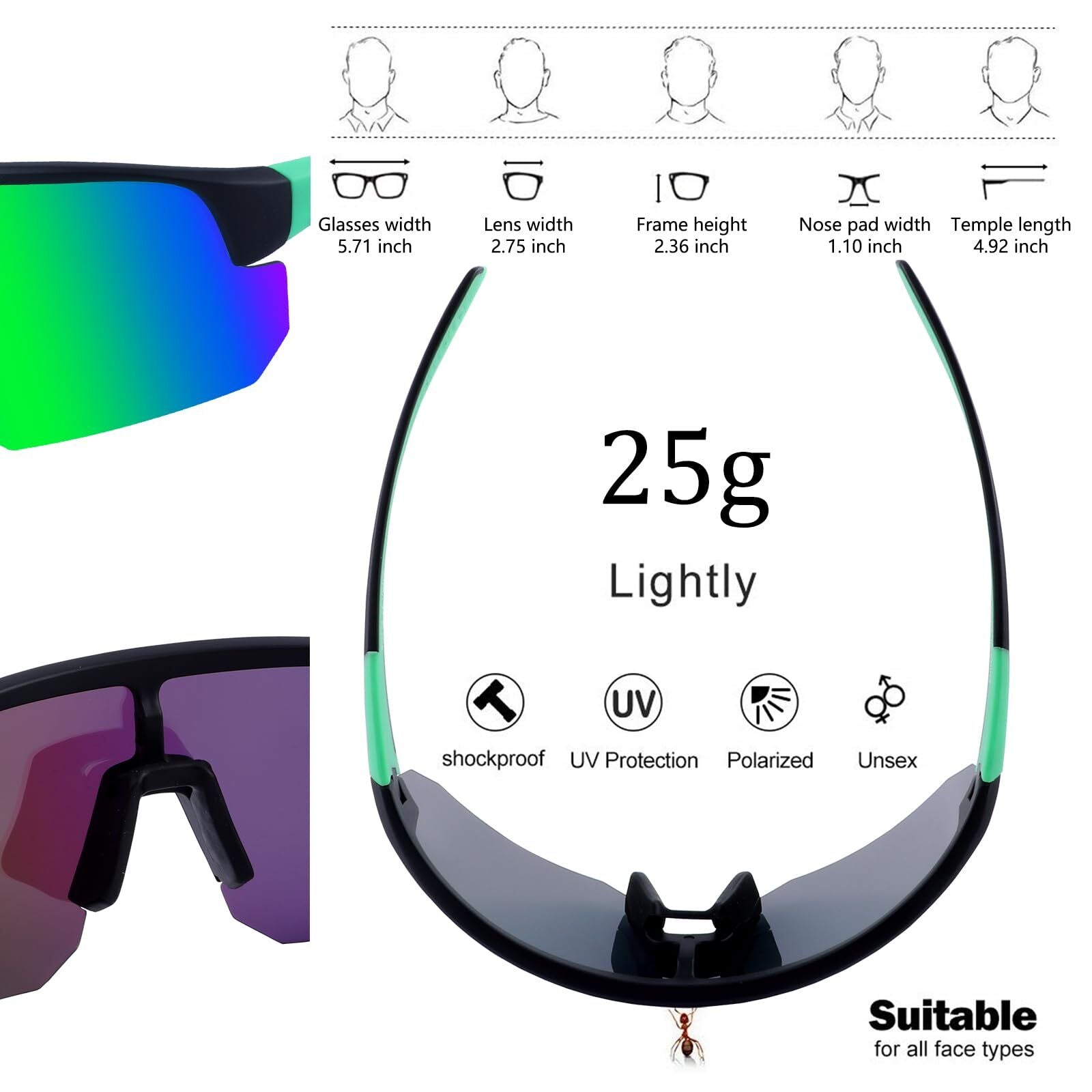 High-End Polarized Sports Sunglasses for Men Women – UV400 Protection, Anti-Fog, Lightweight TR90 Frame, Removable Lens, Ideal for Cycling, Running, Fishing, Golf (Black & Green)