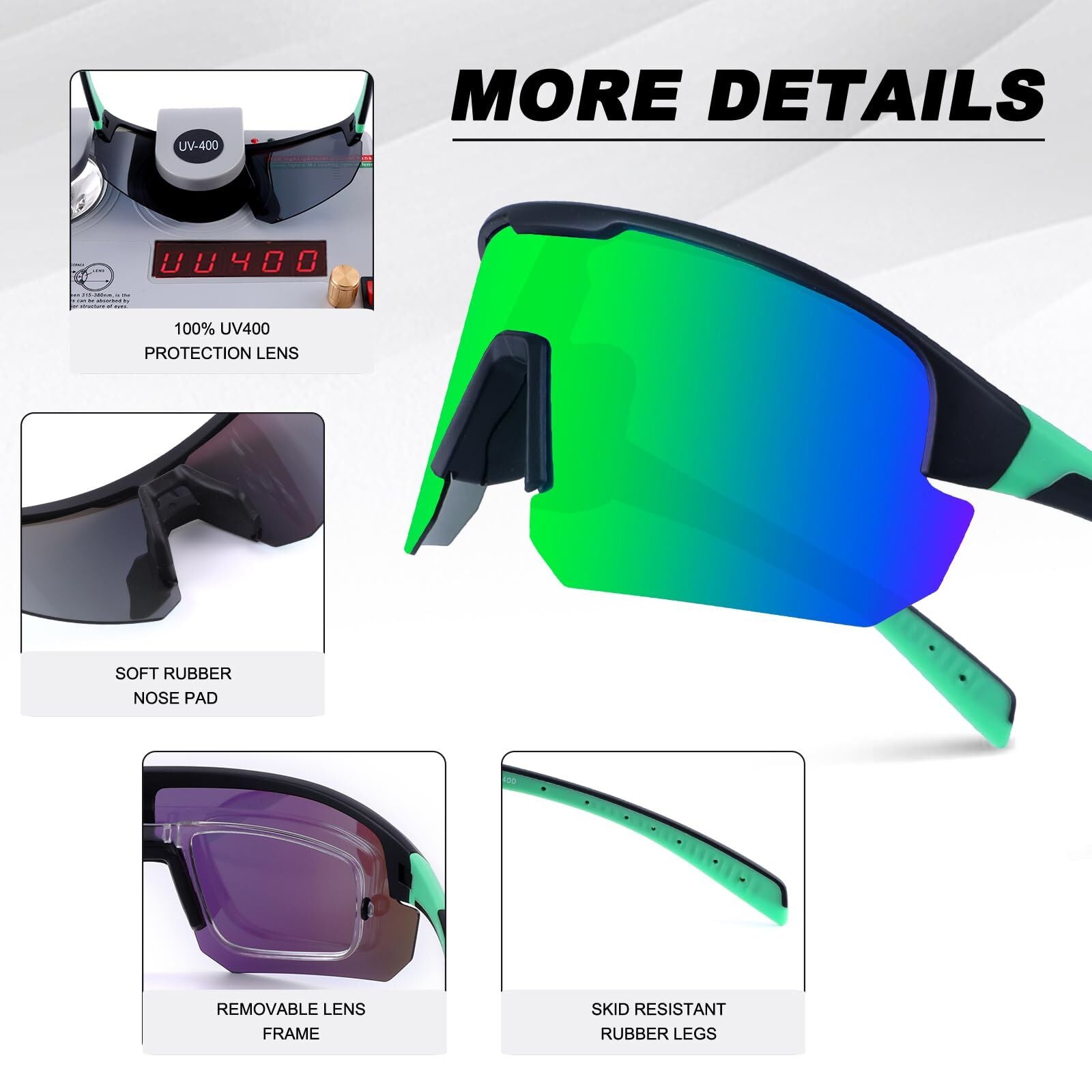 High-End Polarized Sports Sunglasses for Men Women – UV400 Protection, Anti-Fog, Lightweight TR90 Frame, Removable Lens, Ideal for Cycling, Running, Fishing, Golf (Black & Green)