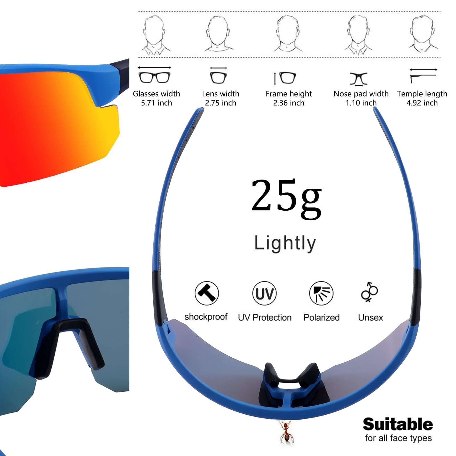 High-End Polarized Sports Sunglasses for Men Women – UV400 Protection, Anti-Fog, Lightweight TR90 Frame, Removable Lens, Ideal for Cycling, Running, Fishing, Golf (Blue & Red)