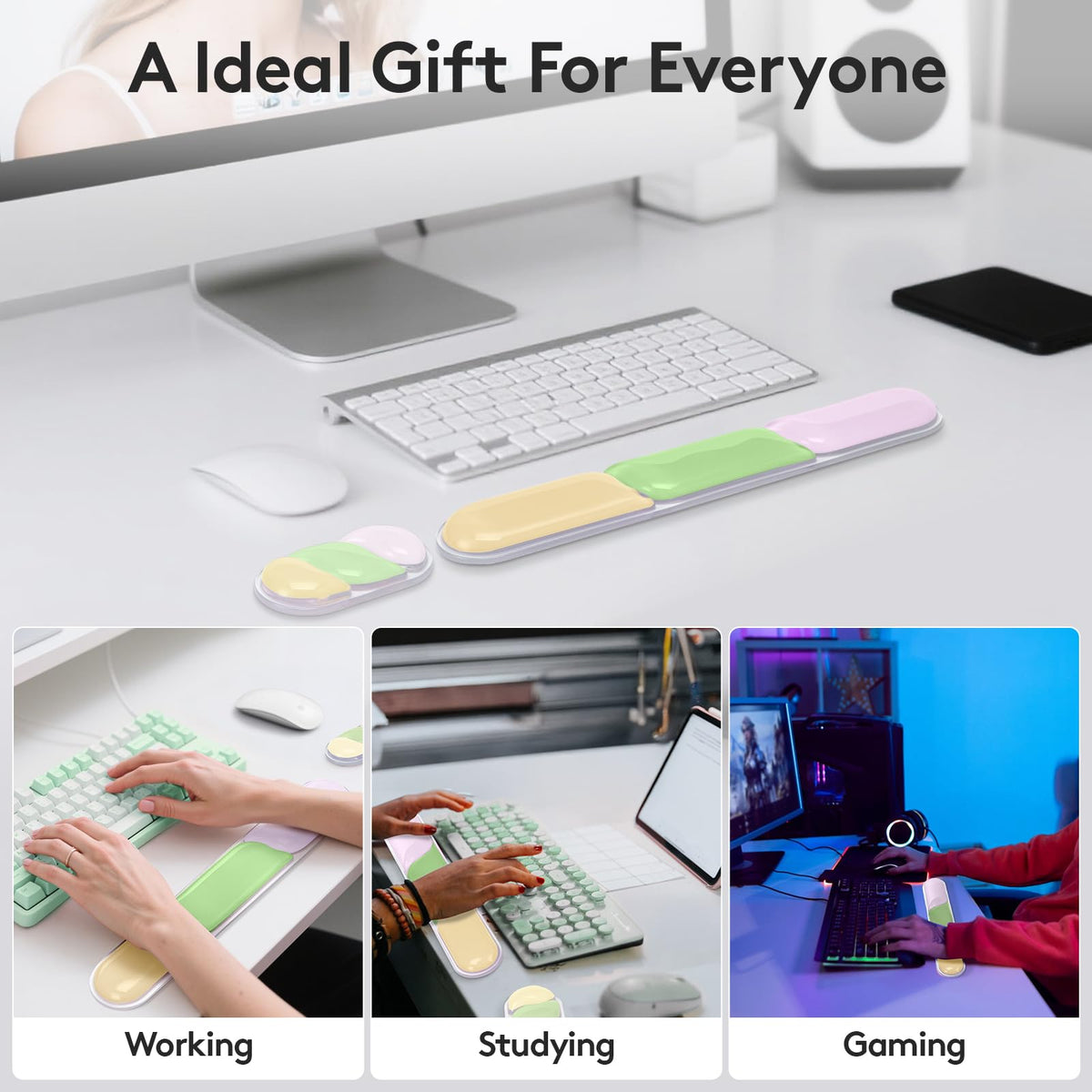 Ergonomic Gel Wrist Rest Set – Keyboard and Mouse Support Pad with Soft Cushioning for Office, Work, Gaming, and Study – Anti-Slip Base, Comfortable Design (Pink-Green-Orange)