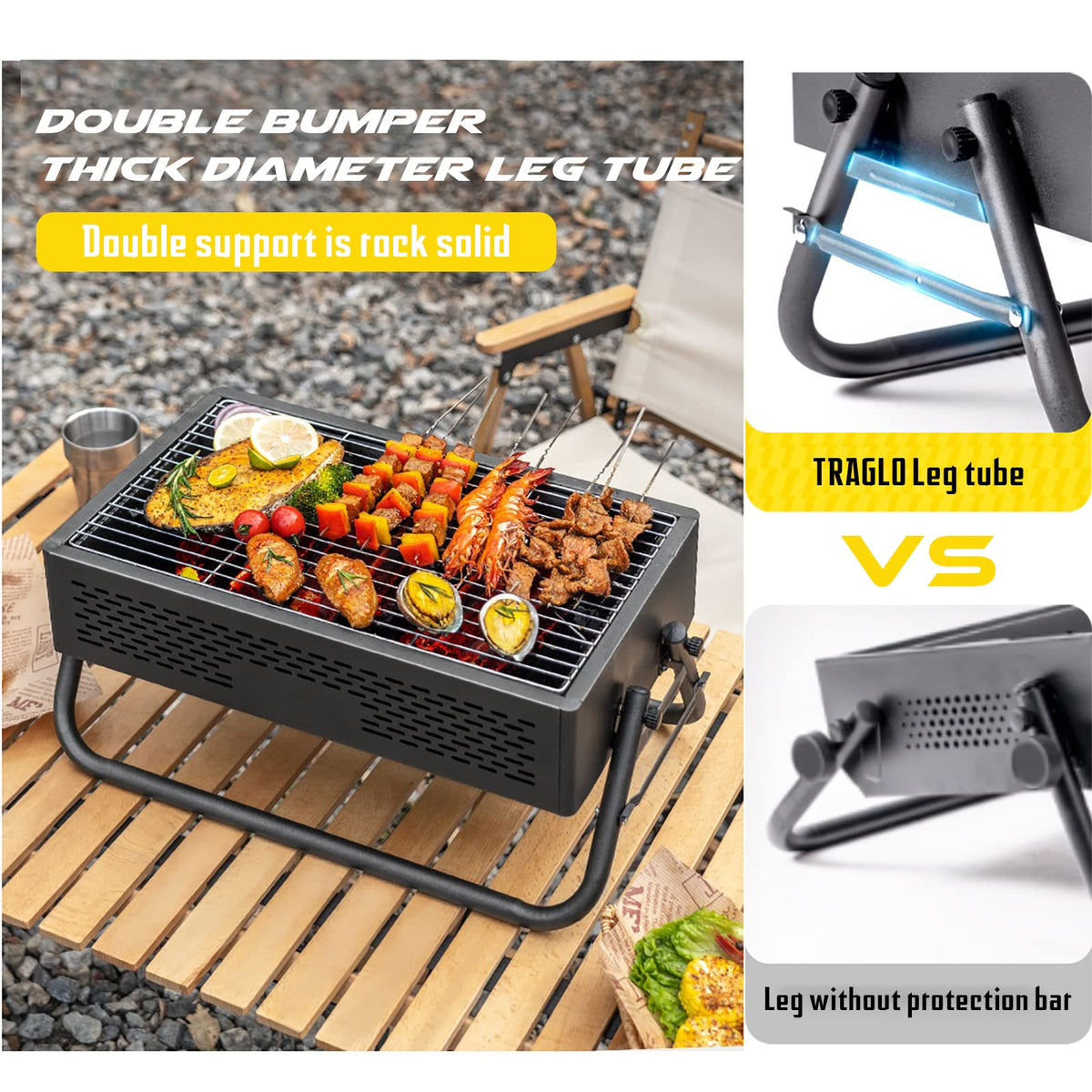Portable Charcoal Grill with Foldable Legs & Stainless Steel Grate – Compact Outdoor BBQ for Camping, Picnics & Backyard Gatherings (Gray)