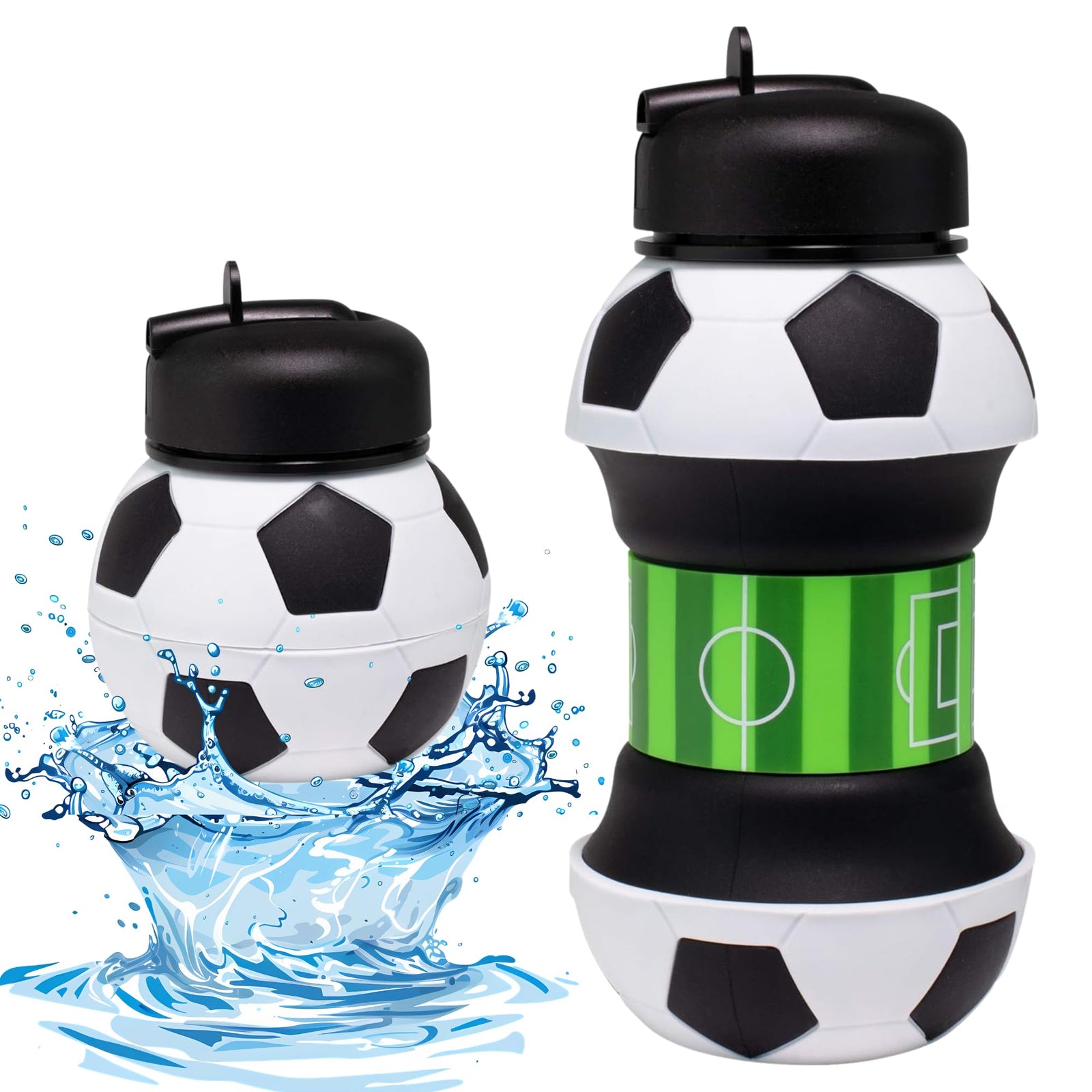 Foldable Soccer Water Bottle for Kids – 18oz Expandable Silicone Hydration Flask with Leak-Proof Spout & Carabiner Clip, BPA-Free, Ideal for School, Sports, Travel & Outdoor Adventures (Black, White, Green)
