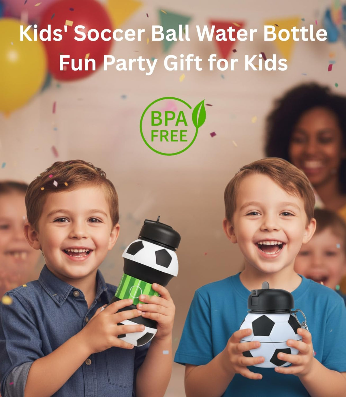 Foldable Soccer Water Bottle for Kids – 18oz Expandable Silicone Hydration Flask with Leak-Proof Spout & Carabiner Clip, BPA-Free, Ideal for School, Sports, Travel & Outdoor Adventures (Black, White, Green)