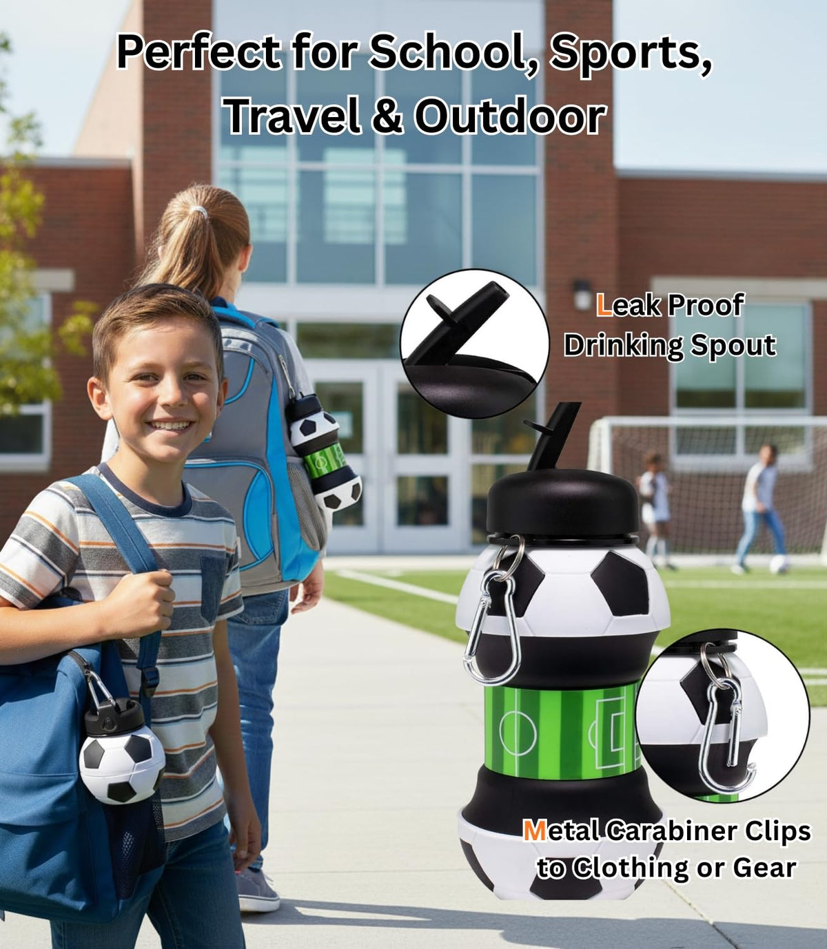 Foldable Soccer Water Bottle for Kids – 18oz Expandable Silicone Hydration Flask with Leak-Proof Spout & Carabiner Clip, BPA-Free, Ideal for School, Sports, Travel & Outdoor Adventures (Black, White, Green)