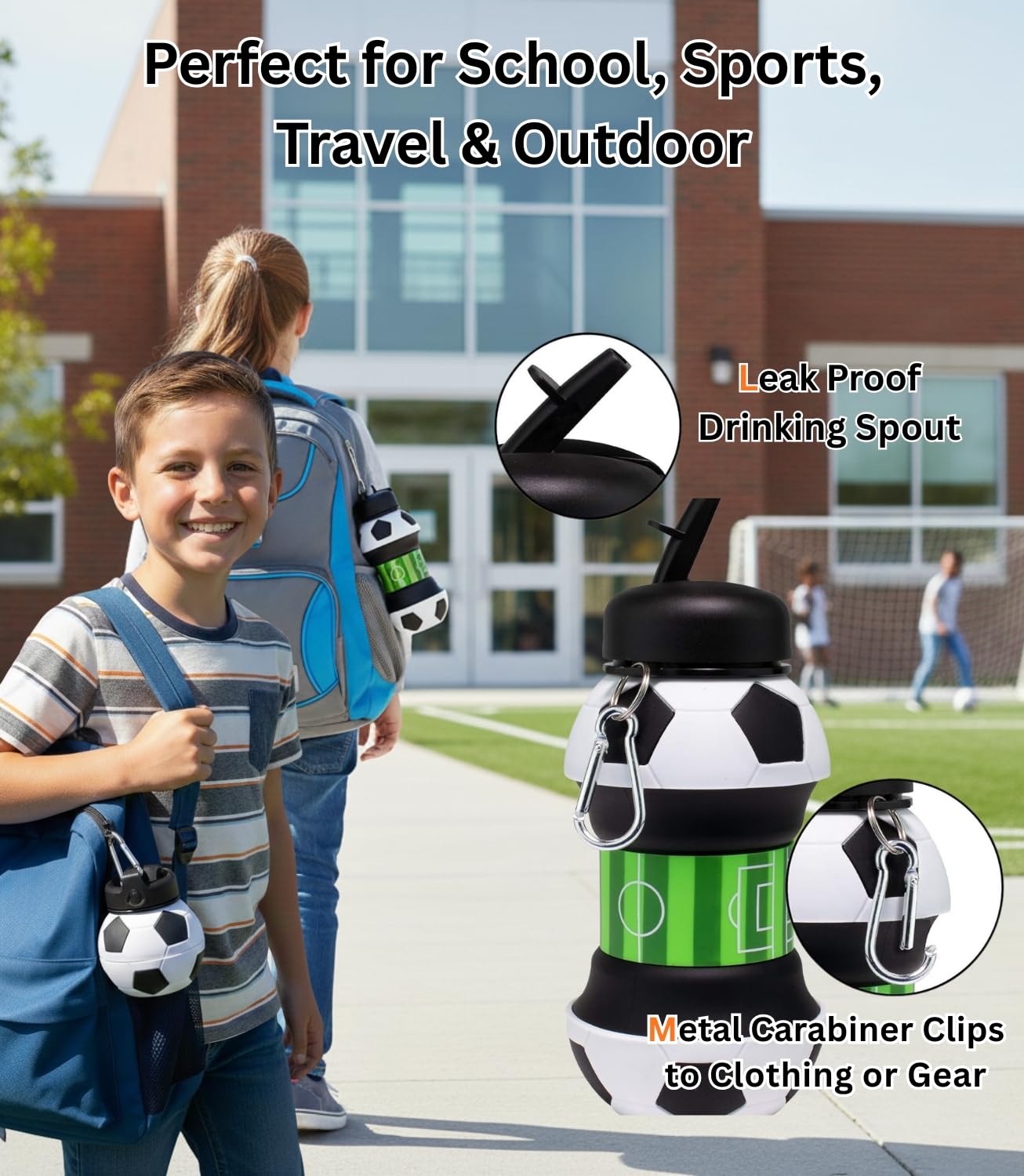 Foldable Soccer Water Bottle for Kids – 18oz Expandable Silicone Hydration Flask with Leak-Proof Spout & Carabiner Clip, BPA-Free, Ideal for School, Sports, Travel & Outdoor Adventures (Black, White, Green)