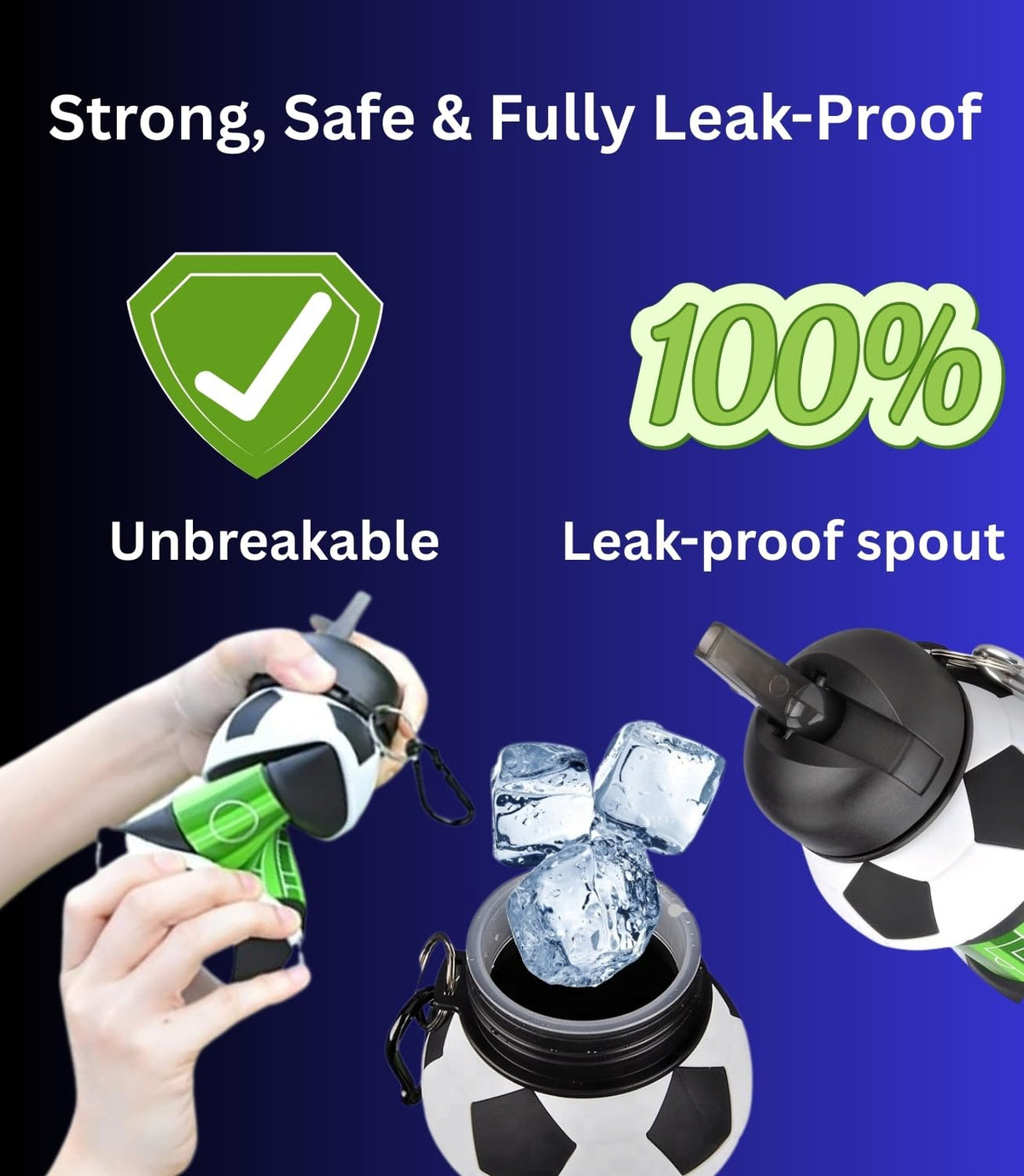 Foldable Soccer Water Bottle for Kids – 18oz Expandable Silicone Hydration Flask with Leak-Proof Spout & Carabiner Clip, BPA-Free, Ideal for School, Sports, Travel & Outdoor Adventures (Black, White, Green)