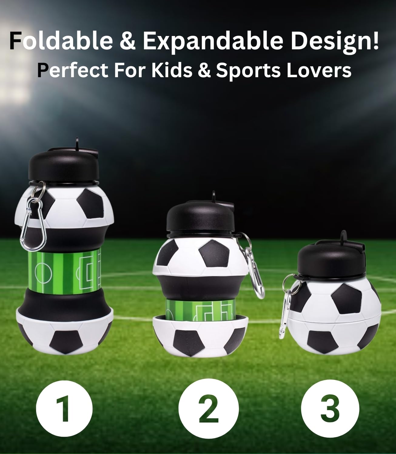 Foldable Soccer Water Bottle for Kids – 18oz Expandable Silicone Hydration Flask with Leak-Proof Spout & Carabiner Clip, BPA-Free, Ideal for School, Sports, Travel & Outdoor Adventures (Black, White, Green)