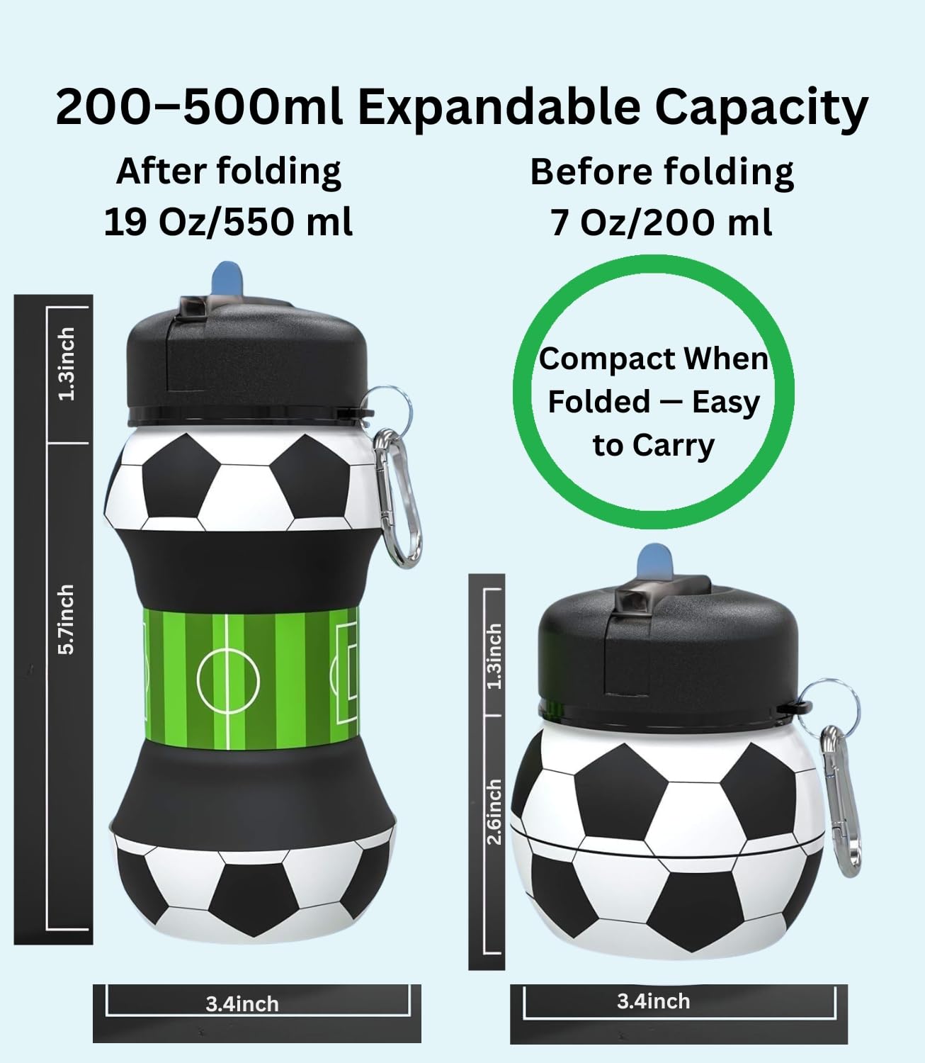 Foldable Soccer Water Bottle for Kids – 18oz Expandable Silicone Hydration Flask with Leak-Proof Spout & Carabiner Clip, BPA-Free, Ideal for School, Sports, Travel & Outdoor Adventures (Black, White, Green)