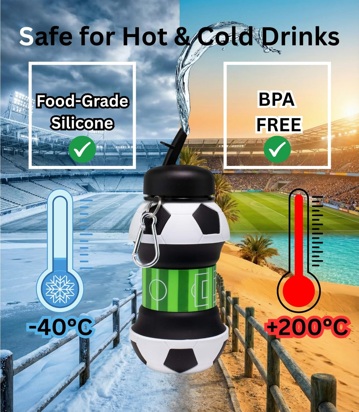 Foldable Soccer Water Bottle for Kids – 18oz Expandable Silicone Hydration Flask with Leak-Proof Spout & Carabiner Clip, BPA-Free, Ideal for School, Sports, Travel & Outdoor Adventures (Black, White, Green)