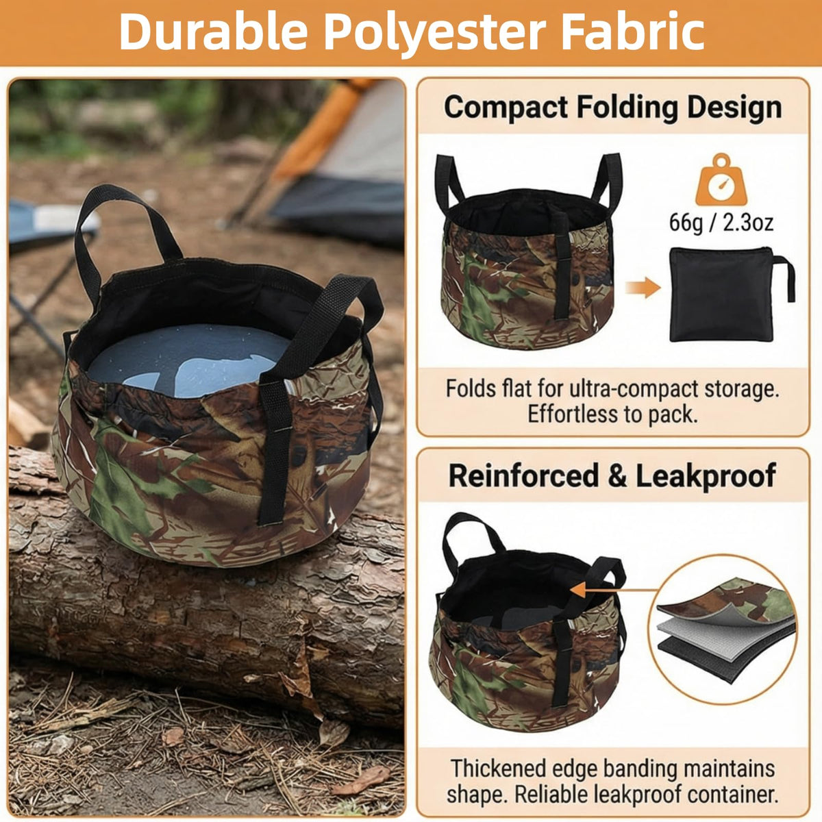 Collapsible Outdoor Bucket with Handles – Foldable Water Container for Camping, Fishing, Travel & Washing, Durable Waterproof Polyester Basin (Camouflage)