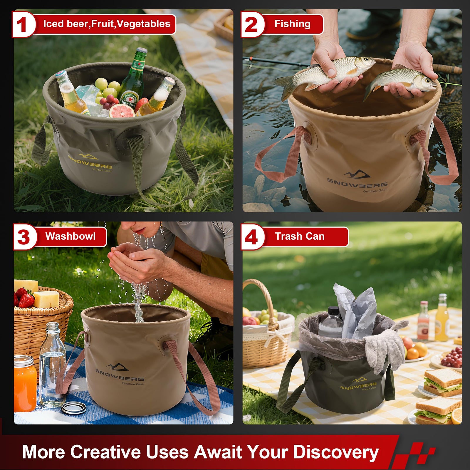 Multi-Use Collapsible Bucket – Foldable Camping Container with Dual Handles, 10L/20L Capacity, Supports 22 lbs or 44 lbs, Waterproof PVC Mesh for Fishing, Washing, Picnics & Outdoor Use (Coffee,Large)