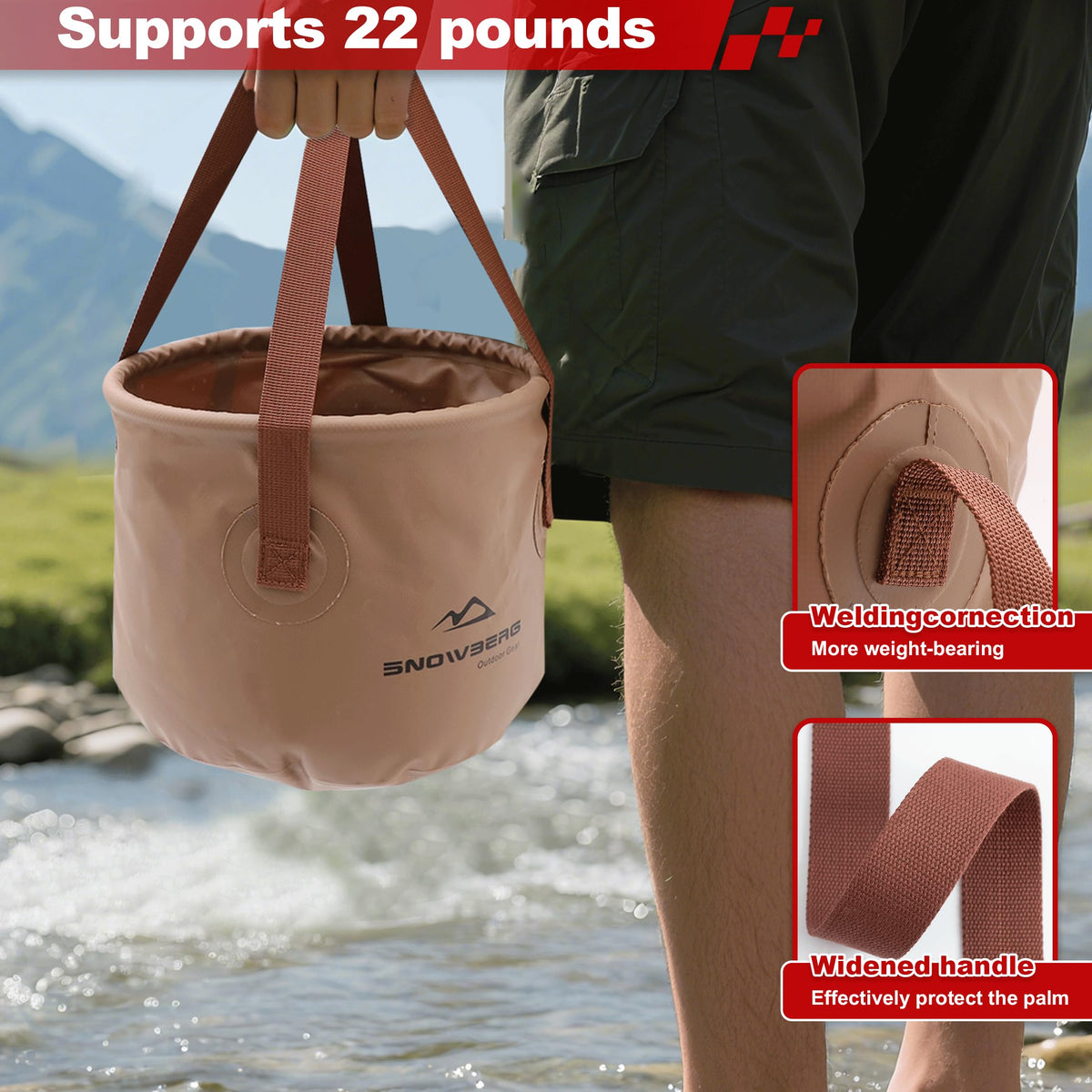 Multi-Use Collapsible Bucket – Foldable Camping Container with Dual Handles, 10L/20L Capacity, Supports 22 lbs or 44 lbs, Waterproof PVC Mesh for Fishing, Washing, Picnics & Outdoor Use (Coffee,Trumpet)
