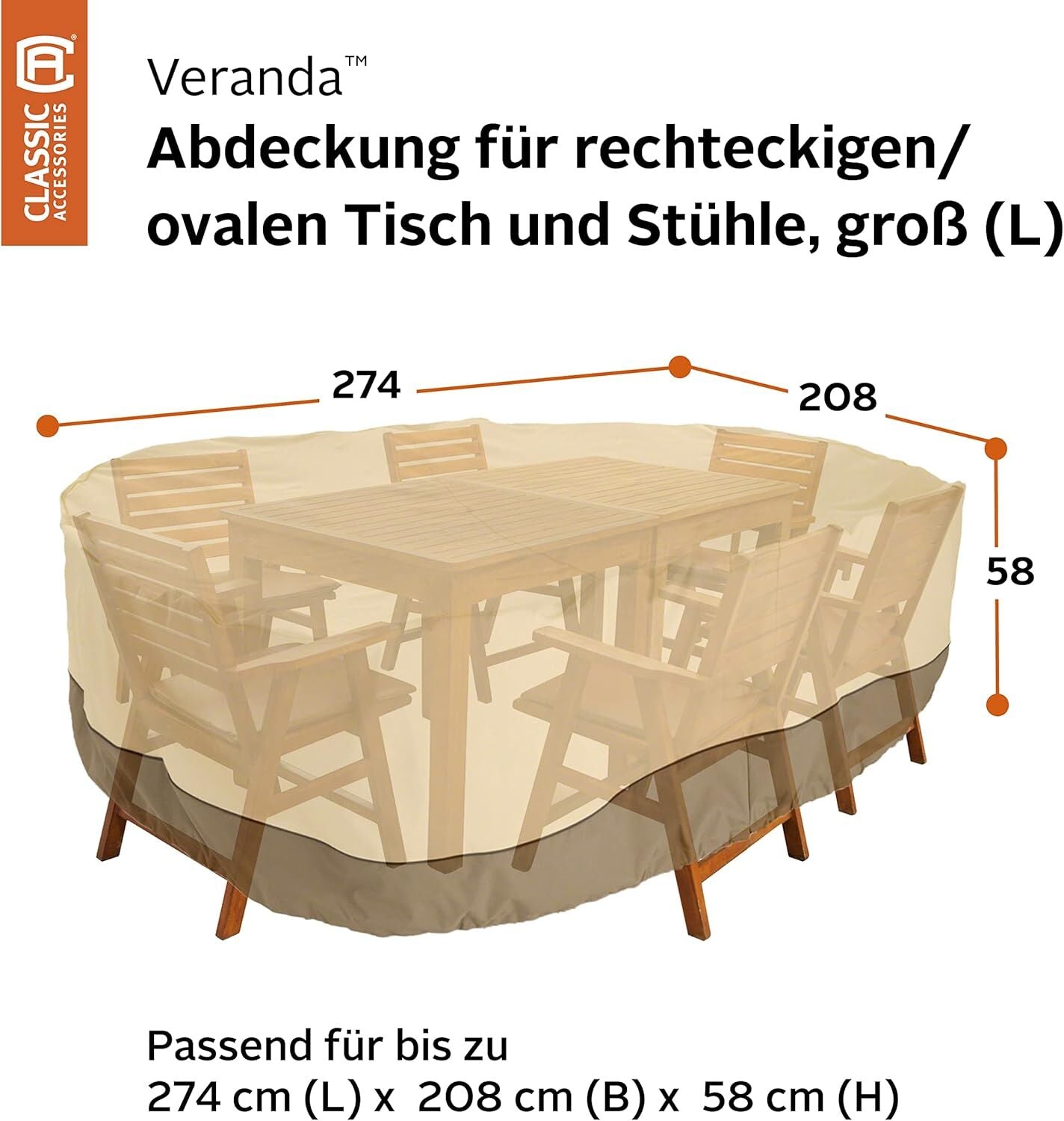 Patio Table & Chair Cover with Umbrella Hole: Water-Resistant Outdoor Furniture Cover for Rectangular/Oval Garden Sets (274x208x58 cm LxWxH)