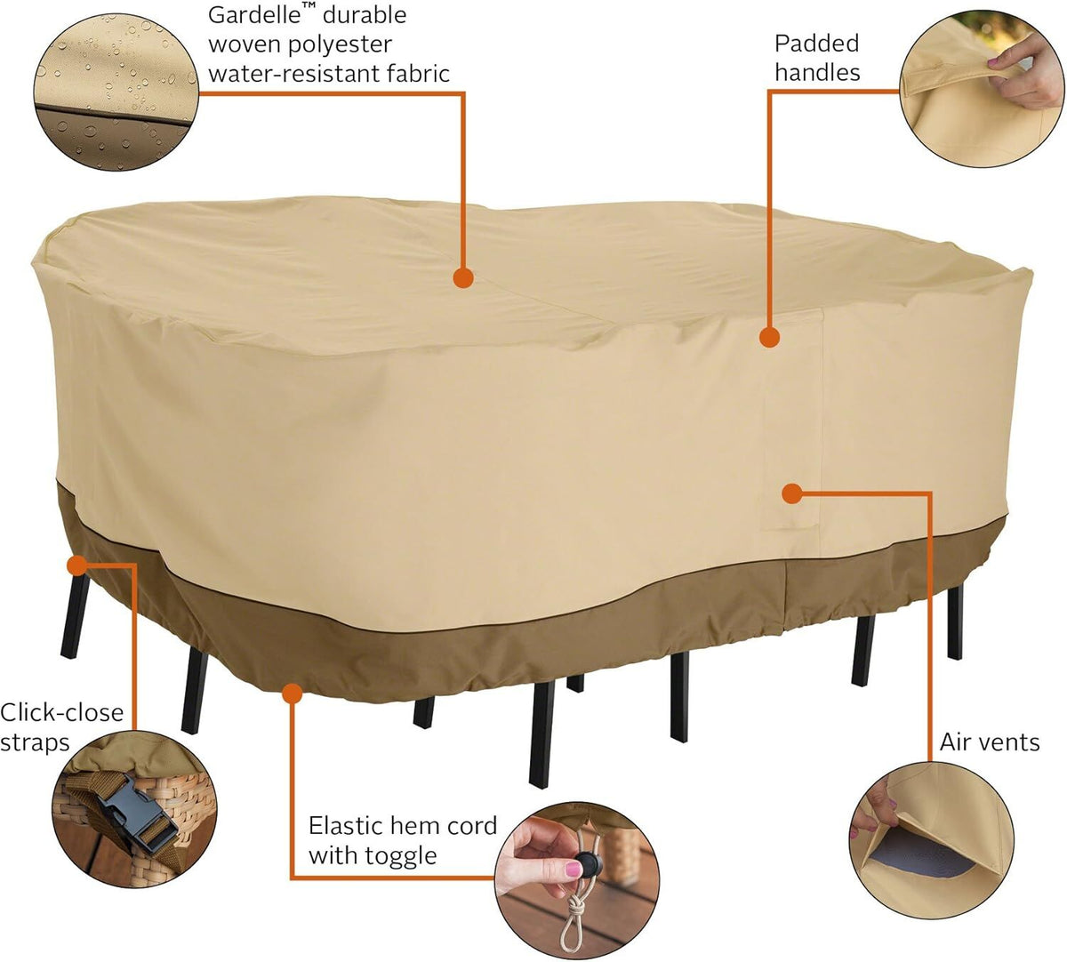 Patio Table & Chair Cover with Umbrella Hole: Water-Resistant Outdoor Furniture Cover for Rectangular/Oval Garden Sets(223x147x58 cm LxWxH)