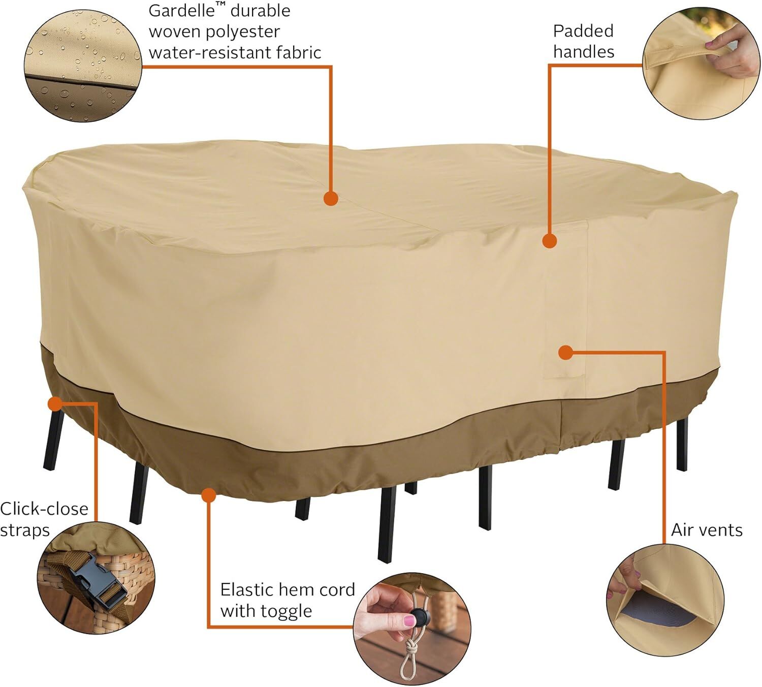 Patio Table & Chair Cover with Umbrella Hole: Water-Resistant Outdoor Furniture Cover for Rectangular/Oval Garden Sets(223x147x58 cm LxWxH)