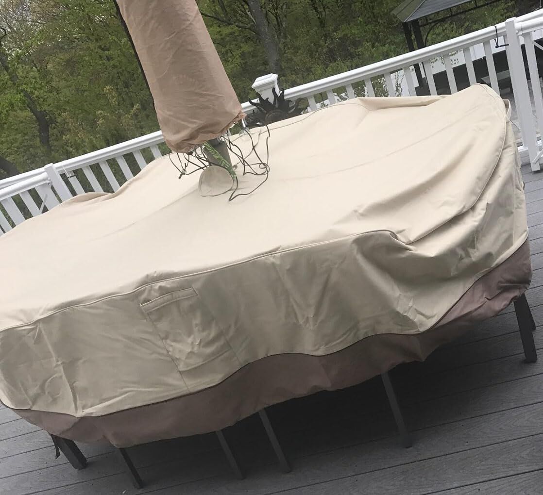 Patio Table & Chair Cover with Umbrella Hole: Water-Resistant Outdoor Furniture Cover for Rectangular/Oval Garden Sets(223x147x58 cm LxWxH)