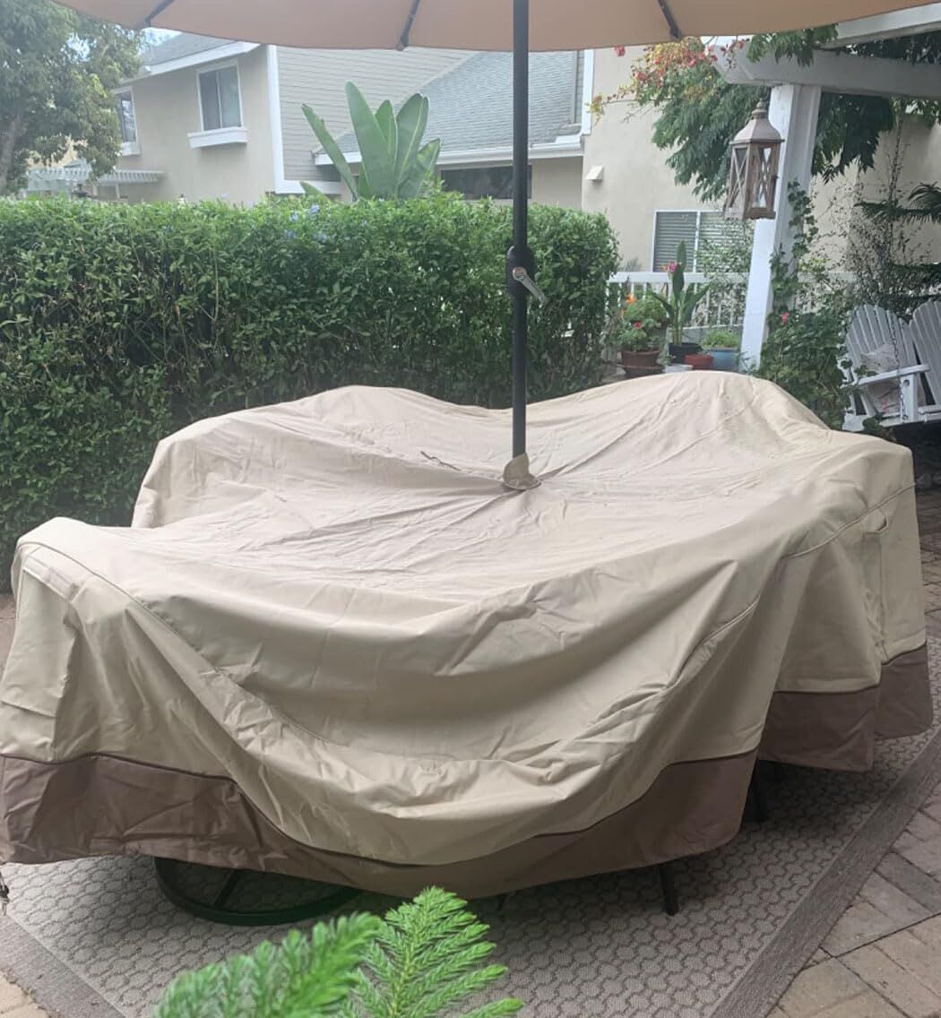Patio Table & Chair Cover with Umbrella Hole: Water-Resistant Outdoor Furniture Cover for Rectangular/Oval Garden Sets(223x147x58 cm LxWxH)