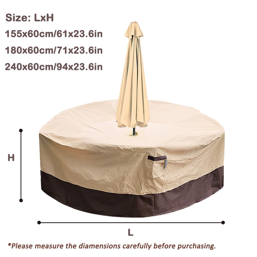 Round Patio Furniture Cover with Umbrella Hole: Waterproof 4-Season Protector for Garden, Balcony Table & Chair Sets(180x60 cm LxH)