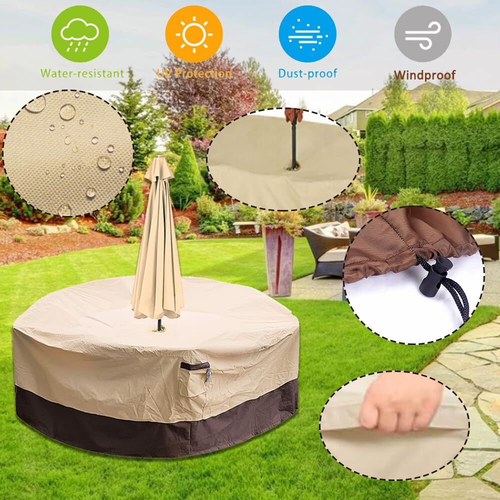 Round Patio Furniture Cover with Umbrella Hole: Waterproof 4-Season Protector for Garden, Balcony Table & Chair Sets(155x60 cm LxH)