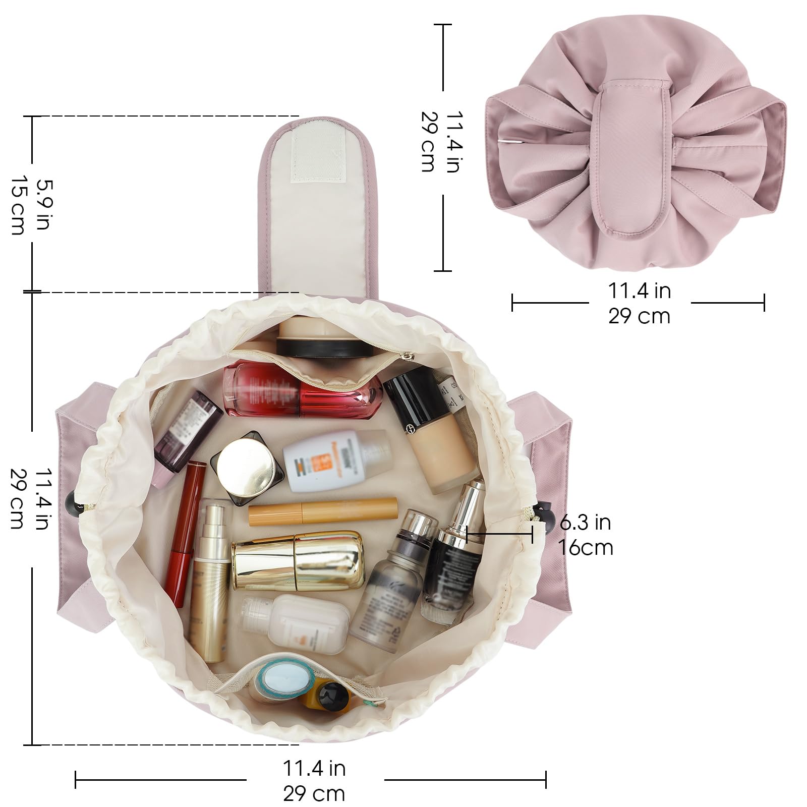 High-Capacity Barrel-Style Cosmetic Bag with Double Drawstring Closure – Water-Resistant, Padded Lining, Inner Zipper & Mesh Pocket – Ideal for Travel & Daily Use (Pink)