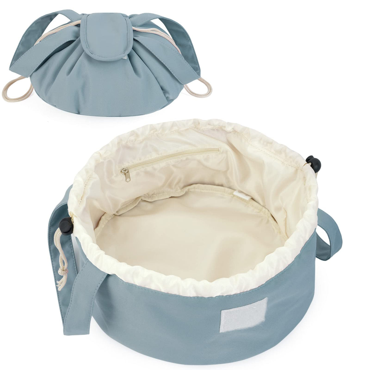 High-Capacity Barrel-Style Cosmetic Bag with Double Drawstring Closure – Water-Resistant, Padded Lining, Inner Zipper &amp; Mesh Pocket – Ideal for Travel &amp; Daily Use (Blue)