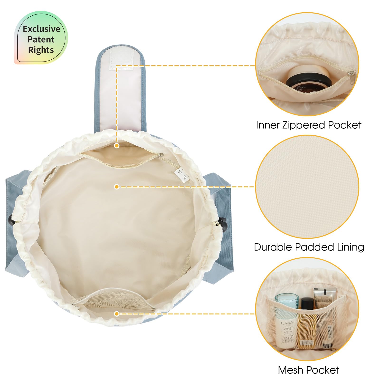 High-Capacity Barrel-Style Cosmetic Bag with Double Drawstring Closure – Water-Resistant, Padded Lining, Inner Zipper & Mesh Pocket – Ideal for Travel & Daily Use (Blue)