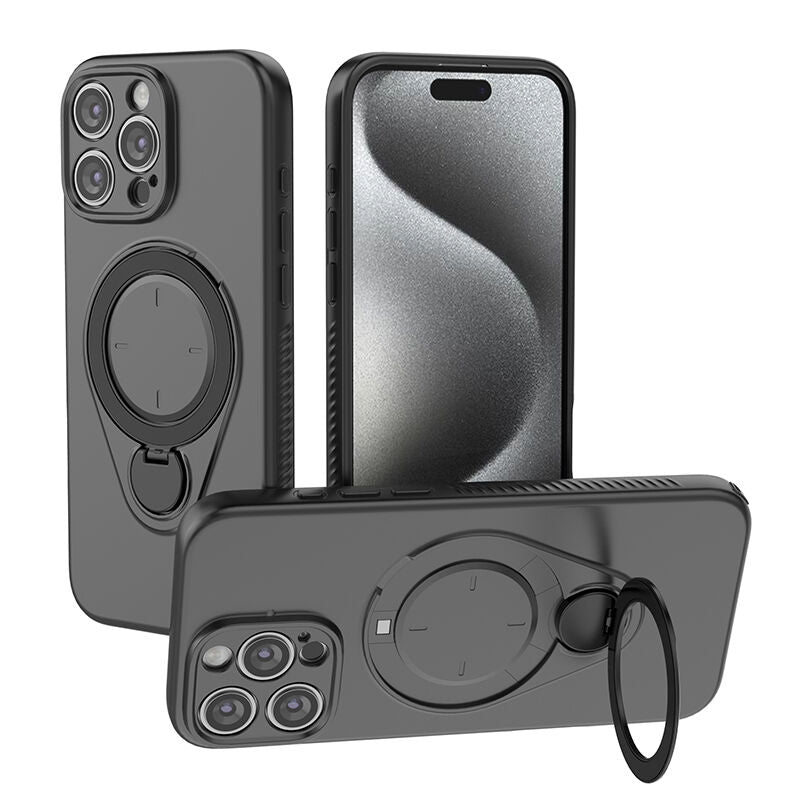 Magnetic Shockproof Case with 360-Degree Rotating Ring Stand for iPhone 16 Pro – Slim Protective Phone Cover with Airbag Corners and Wireless Charging Support for Home, Office, Travel and Daily Use (Black)