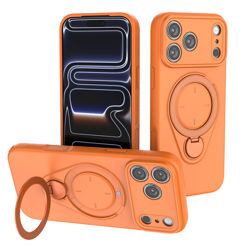 Magnetic Shockproof Case with 360-Degree Rotating Ring Stand for iPhone 17 Pro Max – Slim Protective Phone Cover with Airbag Corners and Wireless Charging Support for Home, Office, Travel and Daily Use (Orange)