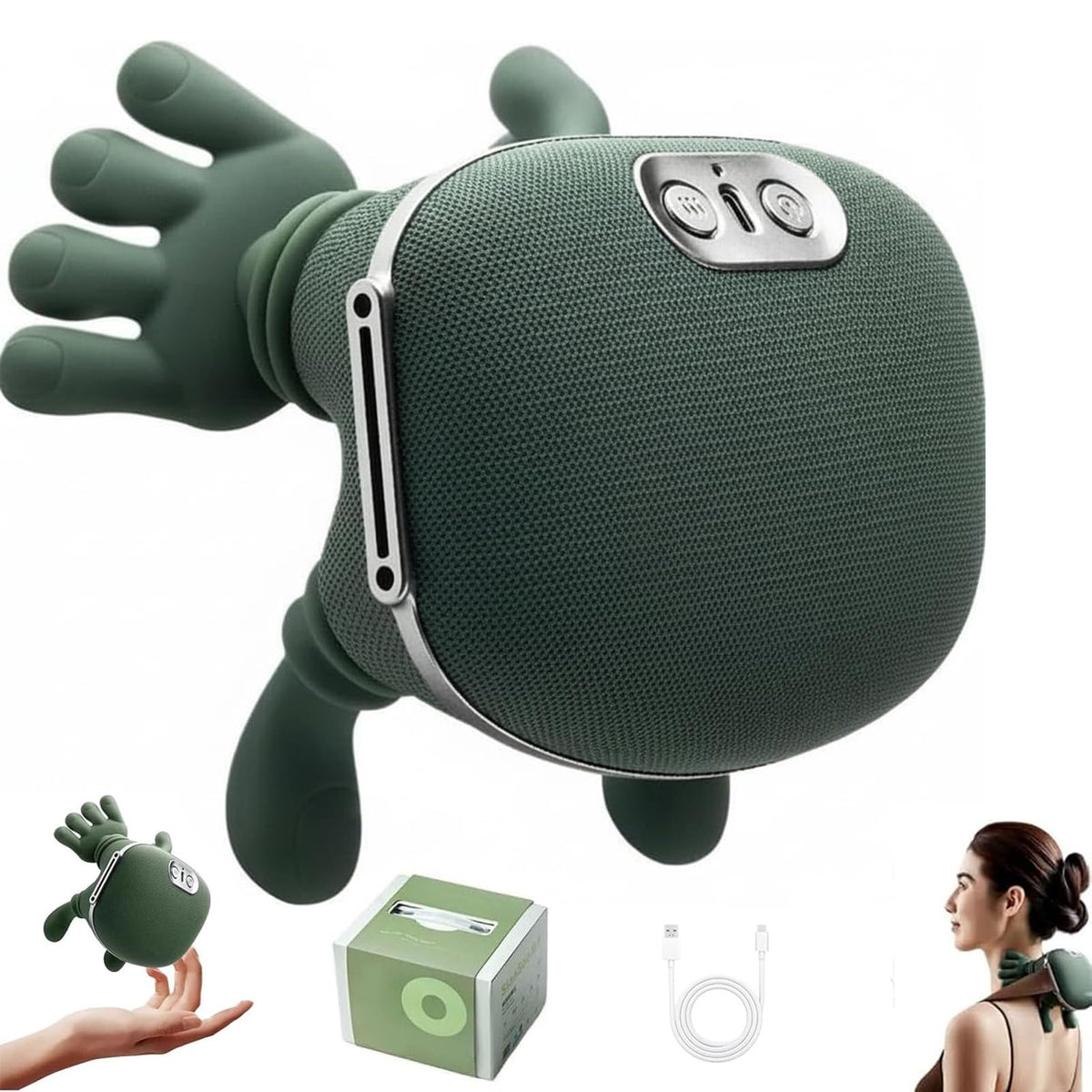 Hand-Like Neck &amp; Shoulder Massager with 4D Kneading and Heat – Portable Massage Device for Back, Legs, and Neck Relaxation (Forest Green)