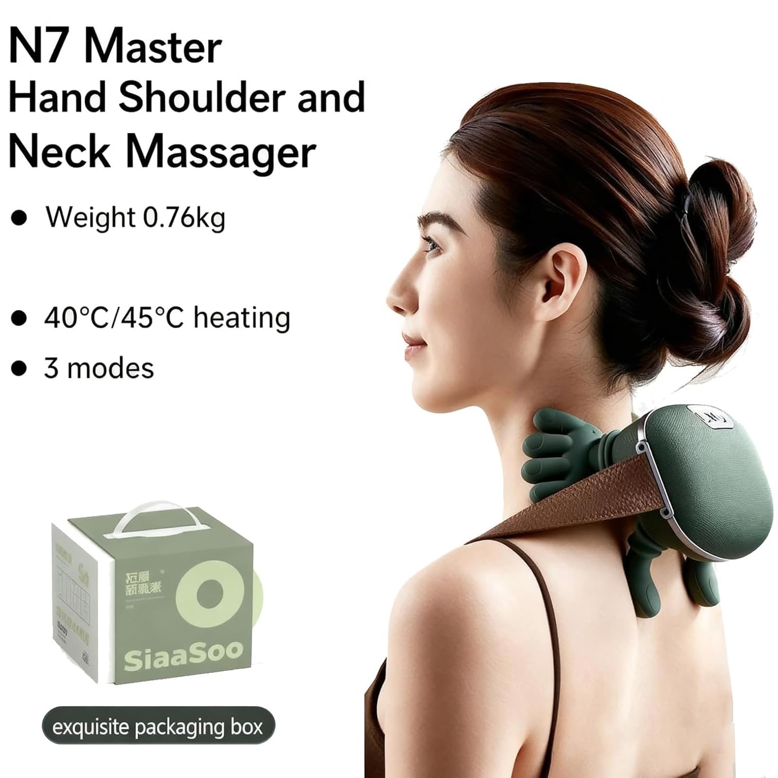 Hand-Like Neck & Shoulder Massager with 4D Kneading and Heat – Portable Massage Device for Back, Legs, and Neck Relaxation (Forest Green)